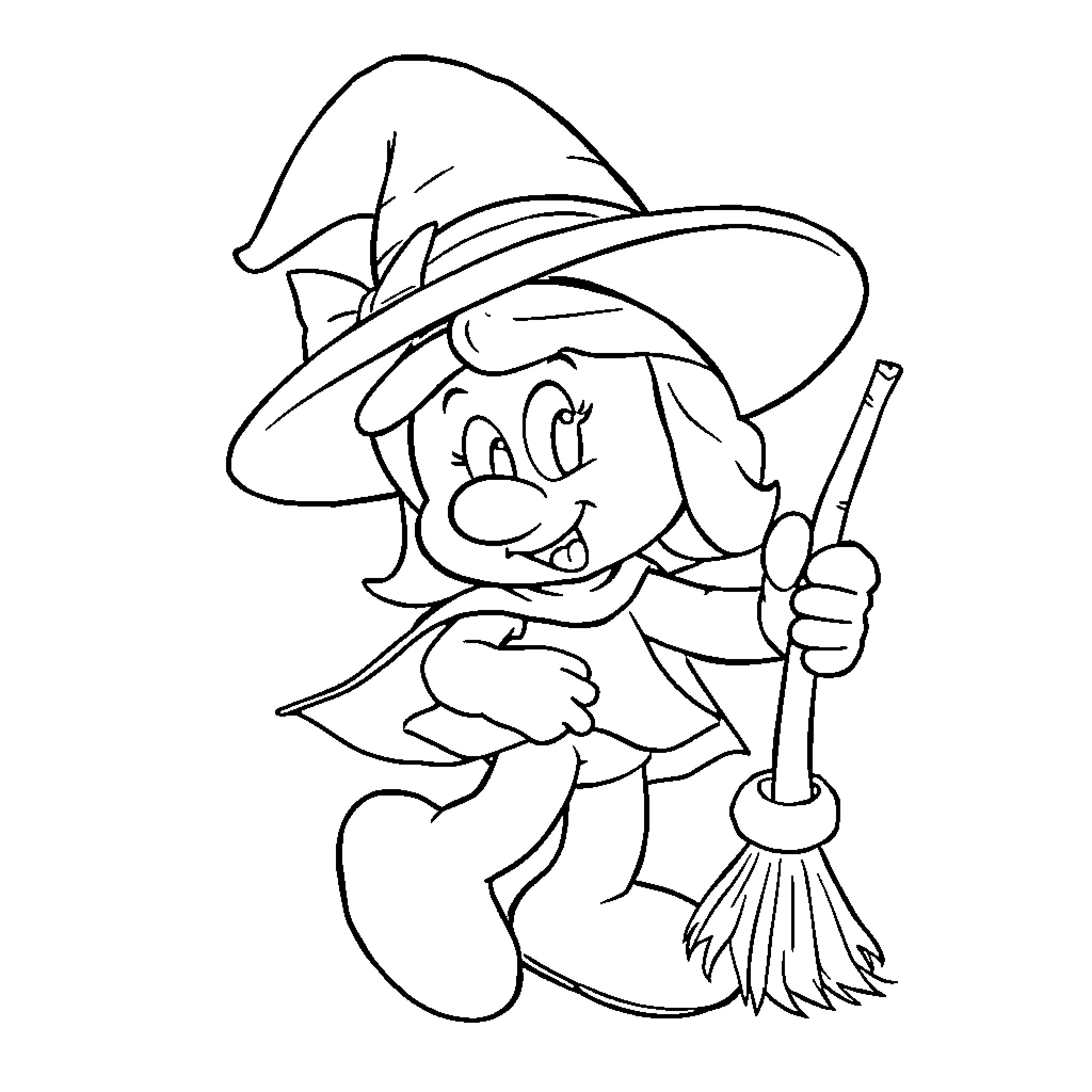 Smurfette sweeping with a broom Coloring Page (free black-and-white line drawing printable PDF for all, from beginners to advanced learners, including children, teens, adults, and seniors)