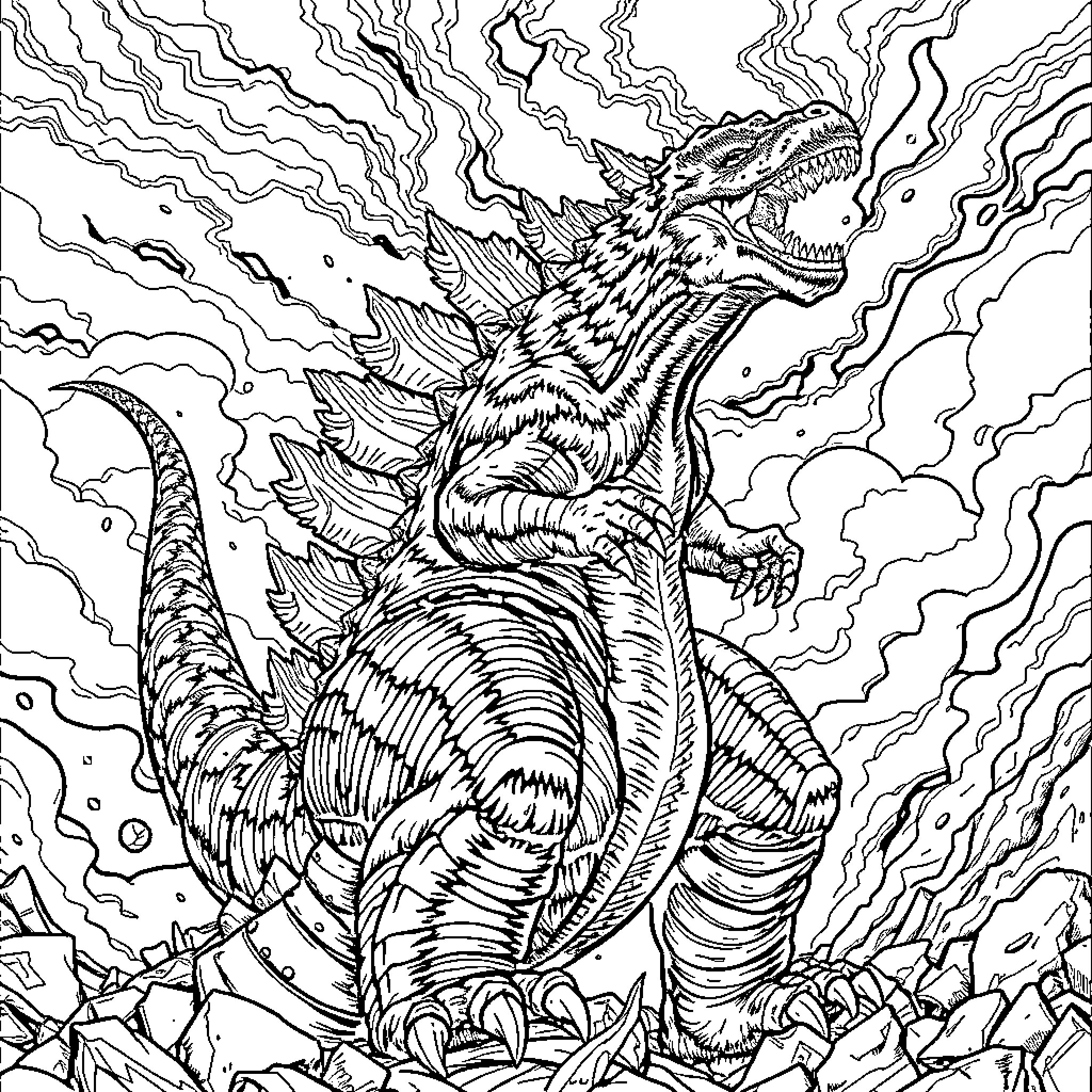 Godzilla unleashing mighty roar amidst chaotic surroundings Coloring Page (free black-and-white line drawing printable PDF for all, from beginners to advanced learners, including children, teens, adults, and seniors)