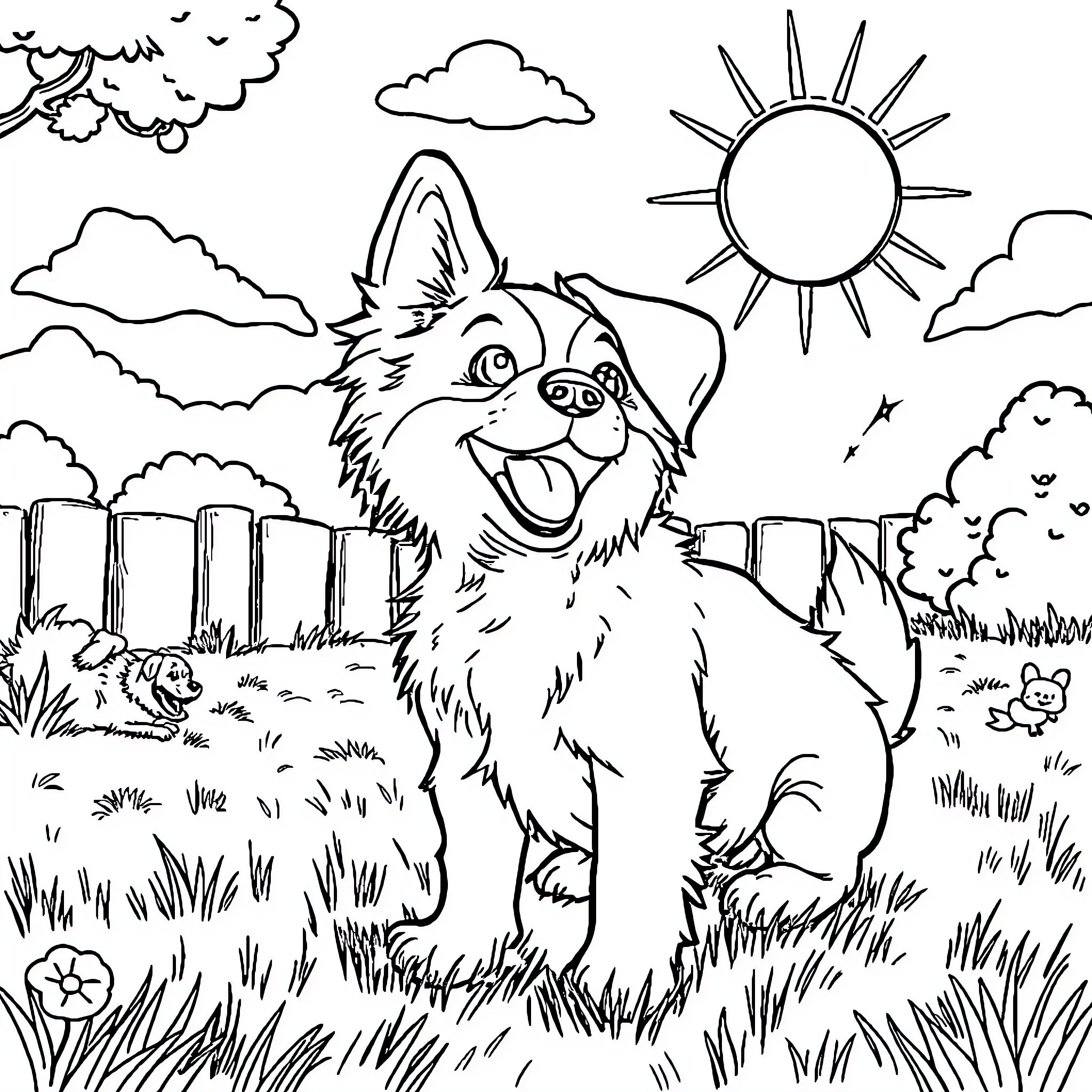 Skye the happy pup in the sunny meadow Coloring Page (free black-and-white line drawing printable PDF for all, from beginners to advanced learners, including children, teens, adults, and seniors)