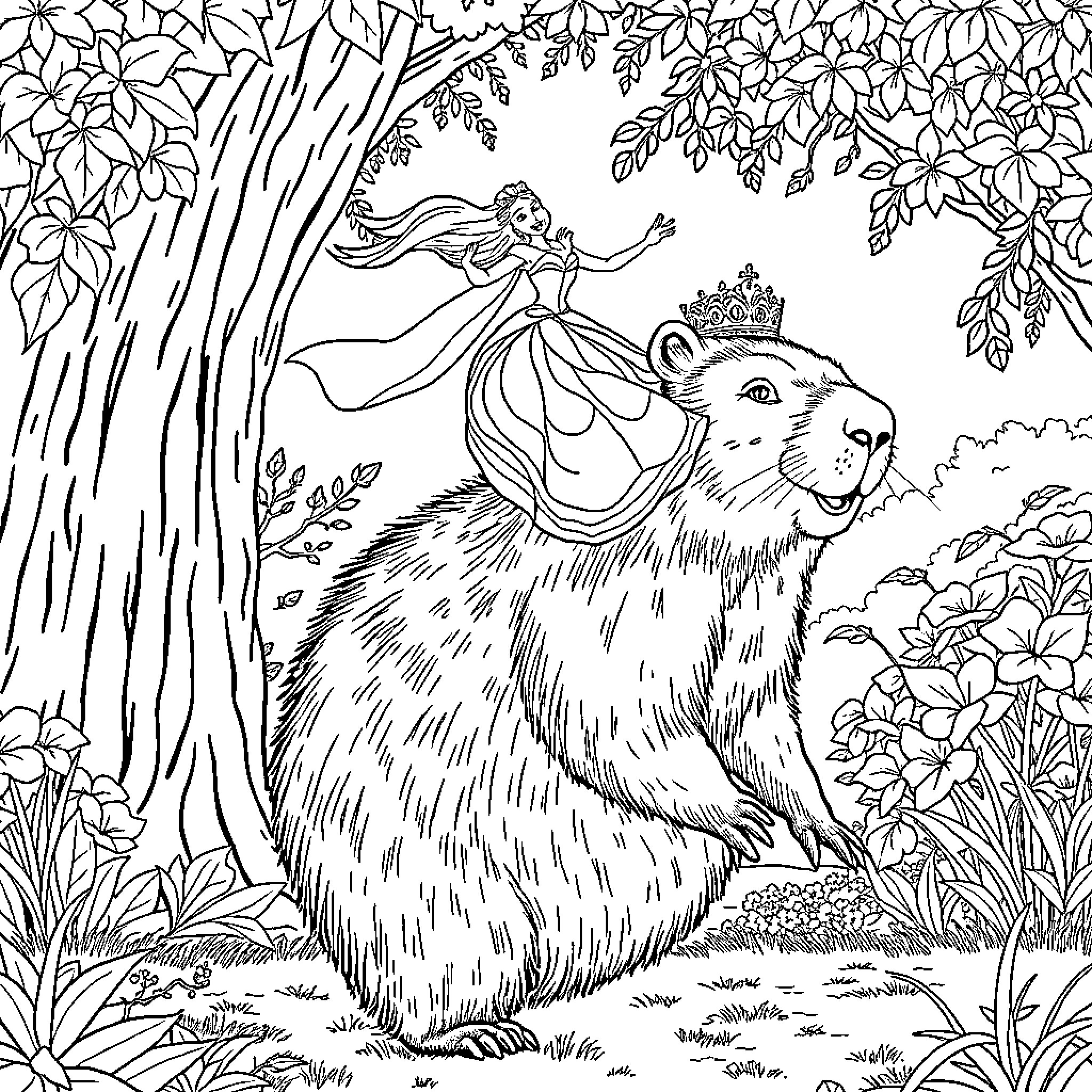 Princess Dancing with Woodland Animal in Forest Coloring Page (free black-and-white line drawing printable PDF for all, from beginners to advanced learners, including children, teens, adults, and seniors)