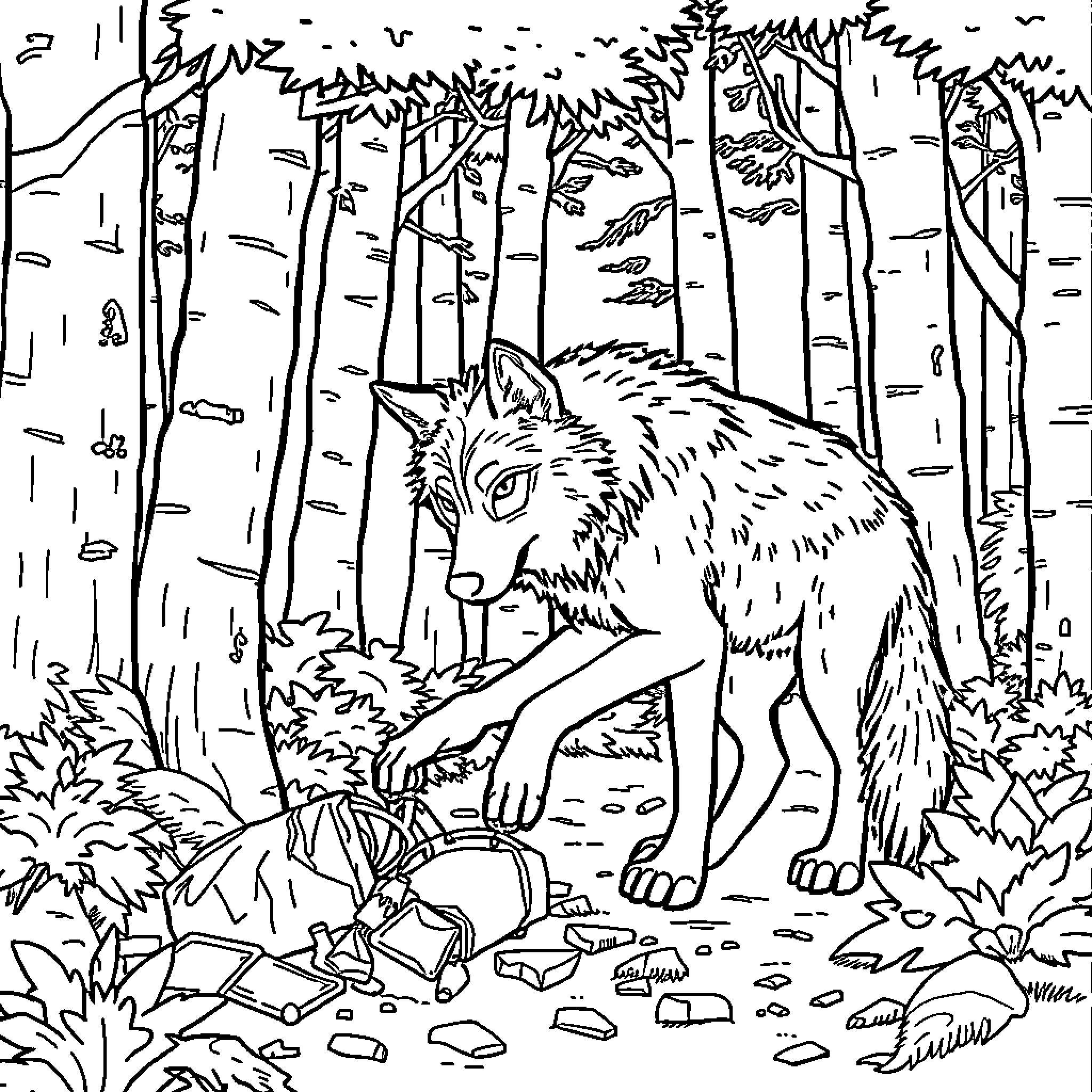 Wolf exploring the enchanted forest Coloring Page (free black-and-white line drawing printable PDF for all, from beginners to advanced learners, including children, teens, adults, and seniors)