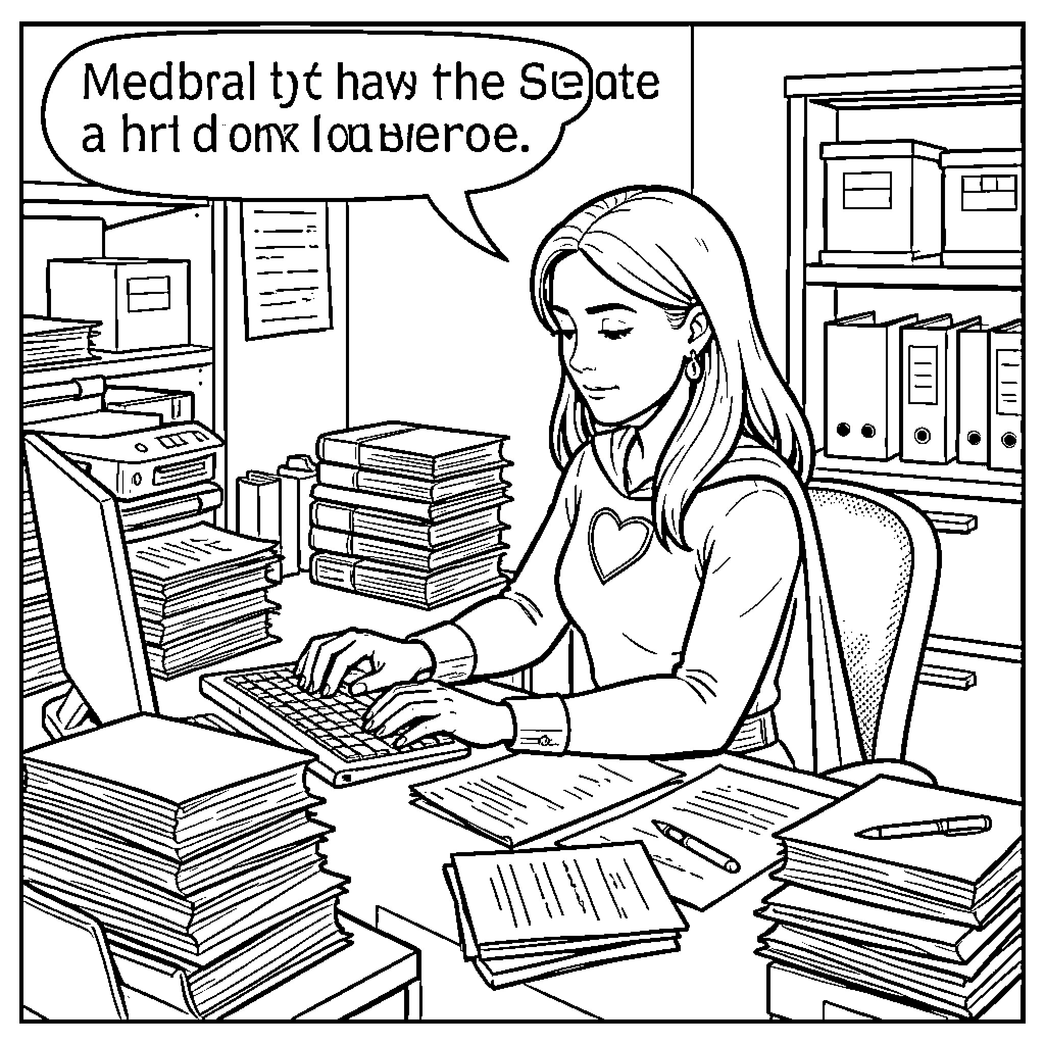 Woman intently working at desk in office Coloring Page (free black-and-white line drawing printable PDF for all, from beginners to advanced learners, including children, teens, adults, and seniors)