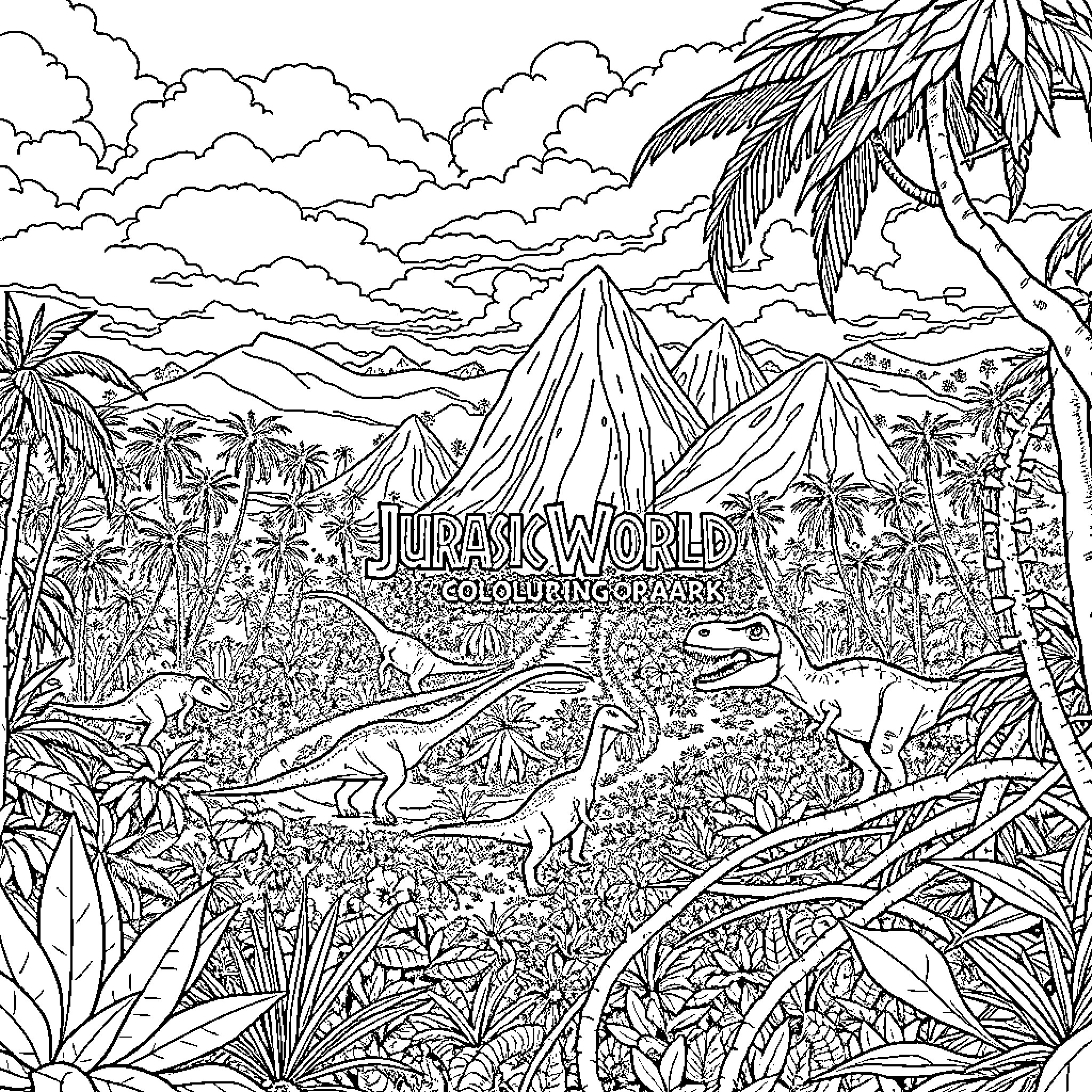 Jurassic World Dinosaurs in Lush Tropical Landscape Coloring Page (free black-and-white line drawing printable PDF for all, from beginners to advanced learners, including children, teens, adults, and seniors)
