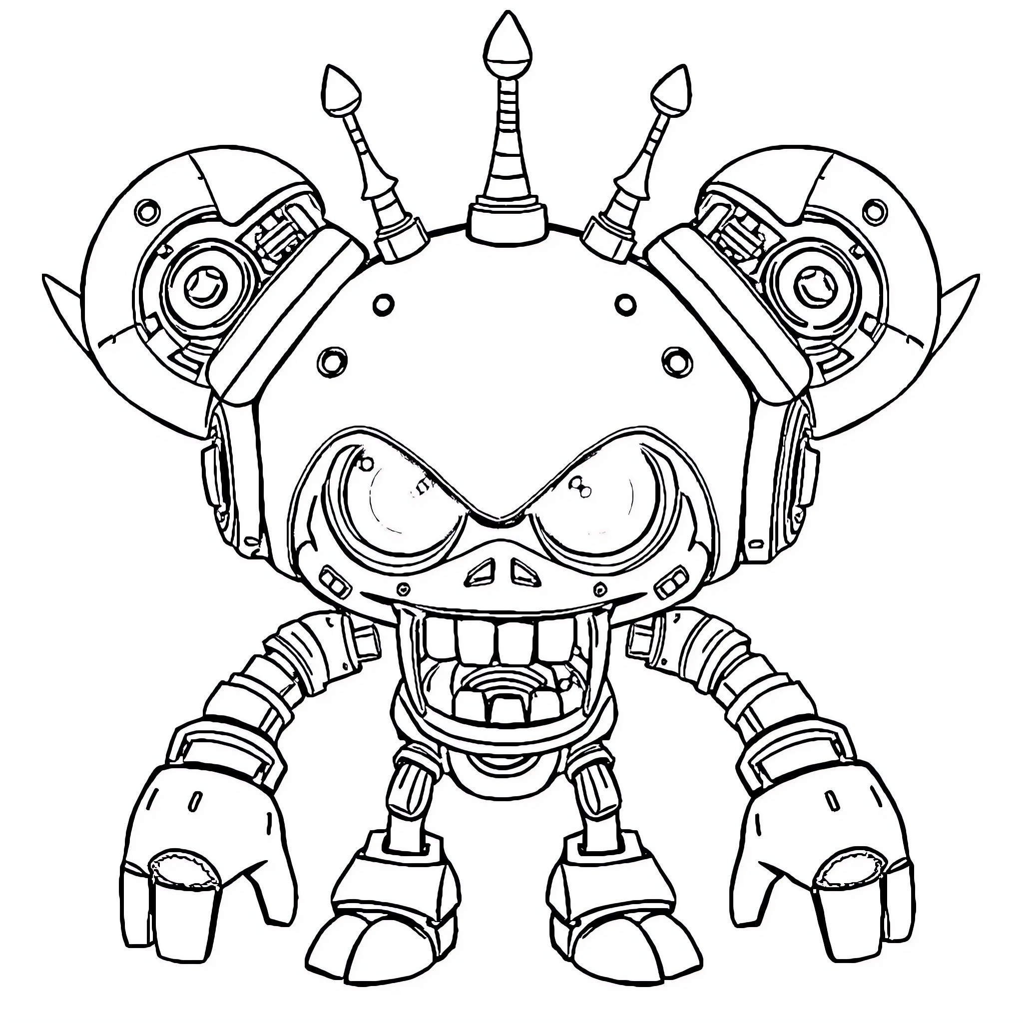 Badnik robot with threatening mechanical features Coloring Page (free black-and-white line drawing printable PDF for all, from beginners to advanced learners, including children, teens, adults, and seniors)