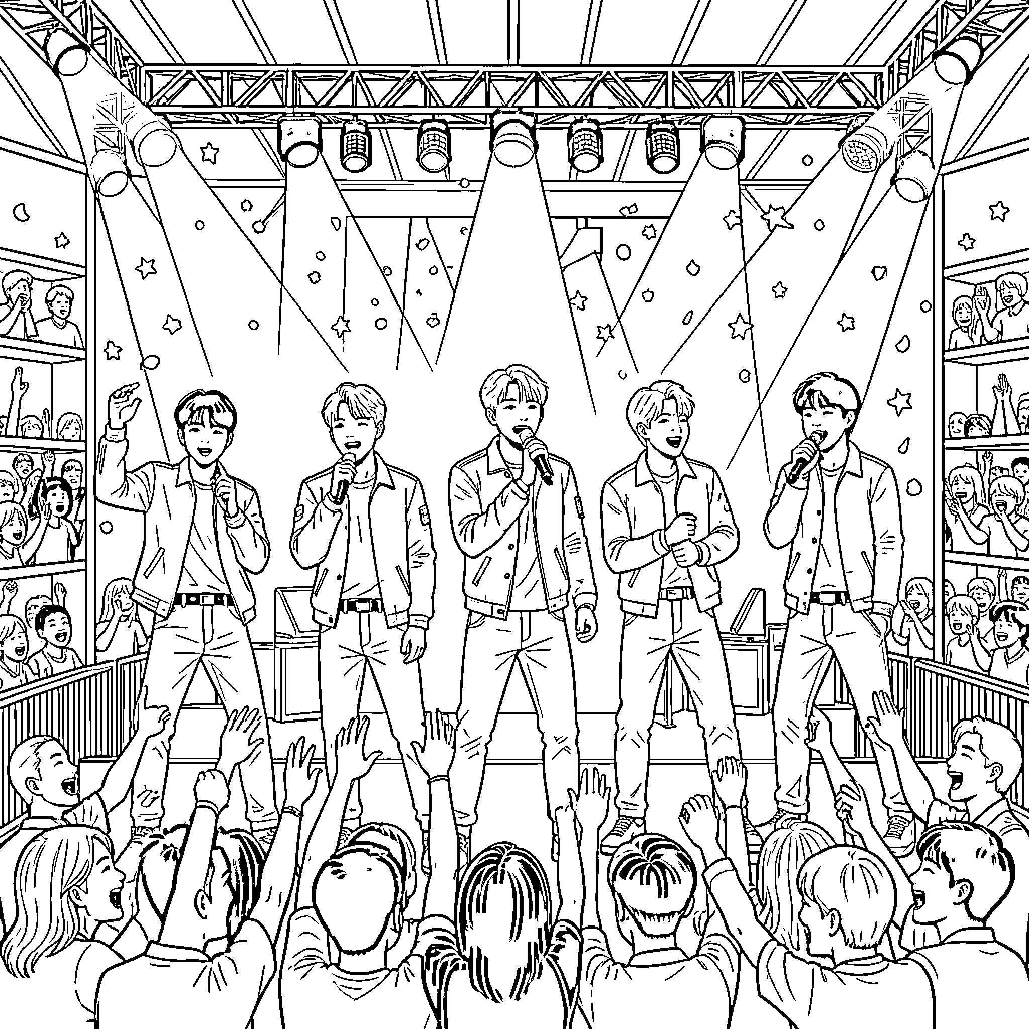 BTS performing on stage with adoring fans Coloring Page (free black-and-white line drawing printable PDF for all, from beginners to advanced learners, including children, teens, adults, and seniors)