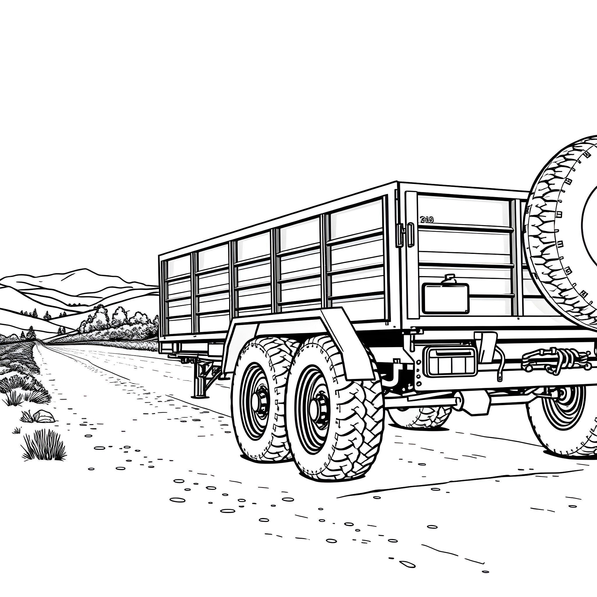 Car Trailer Carrying Equipment on Rugged Terrain Coloring Page (free black-and-white line drawing printable PDF for all, from beginners to advanced learners, including children, teens, adults, and seniors)