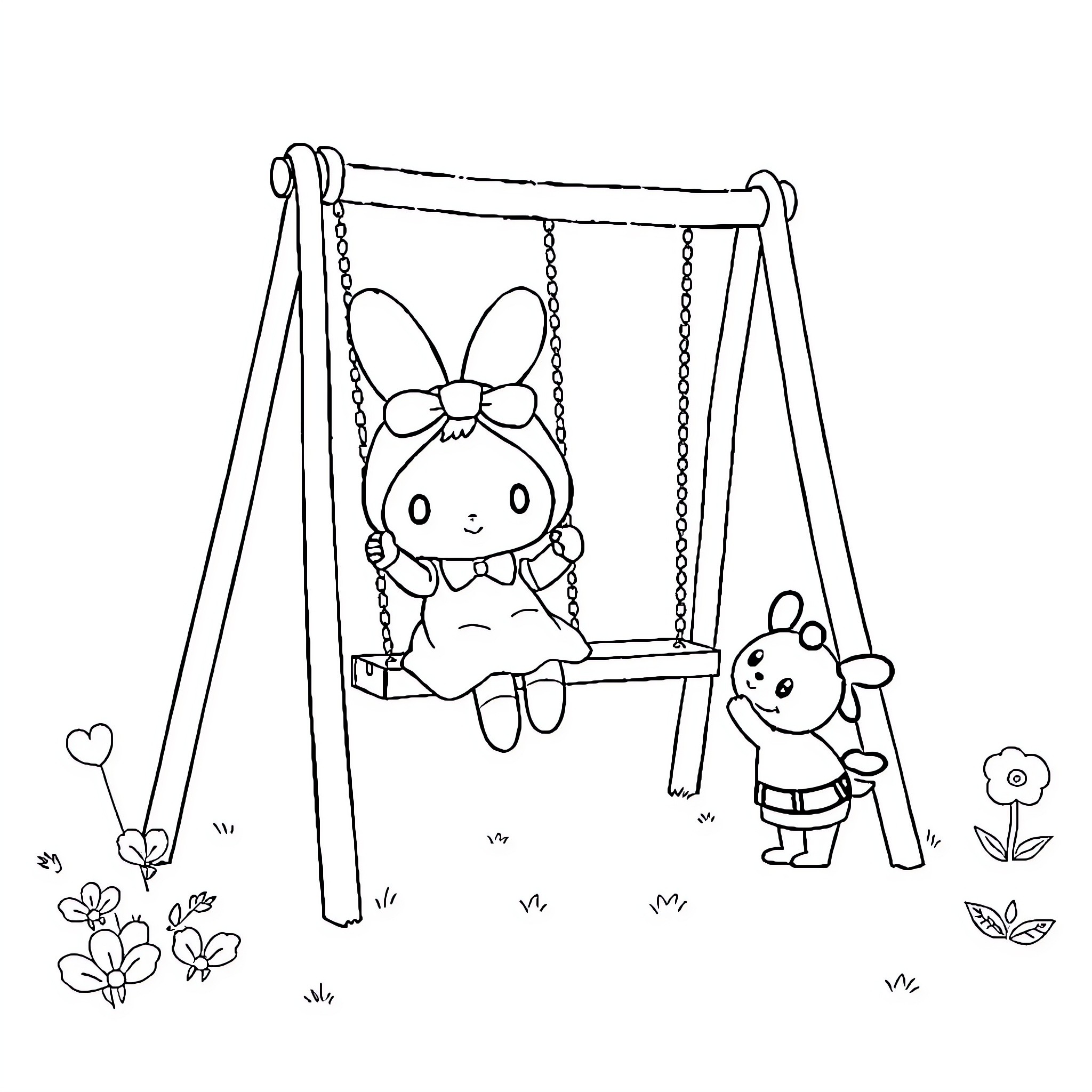 My Melody playing on the swing with a friend Coloring Page (free black-and-white line drawing printable PDF for all, from beginners to advanced learners, including children, teens, adults, and seniors)