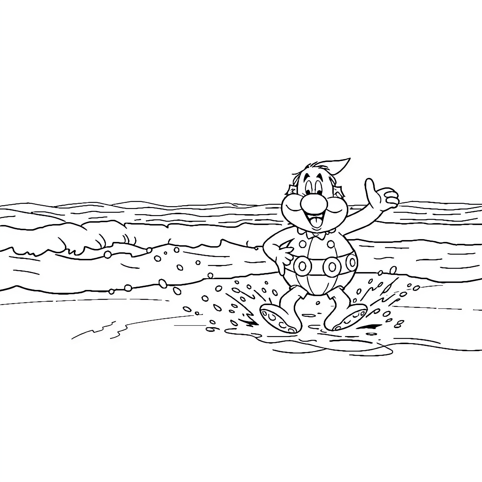 Asterix enjoying a splash in the waves Coloring Page (free black-and-white line drawing printable PDF for all, from beginners to advanced learners, including children, teens, adults, and seniors)