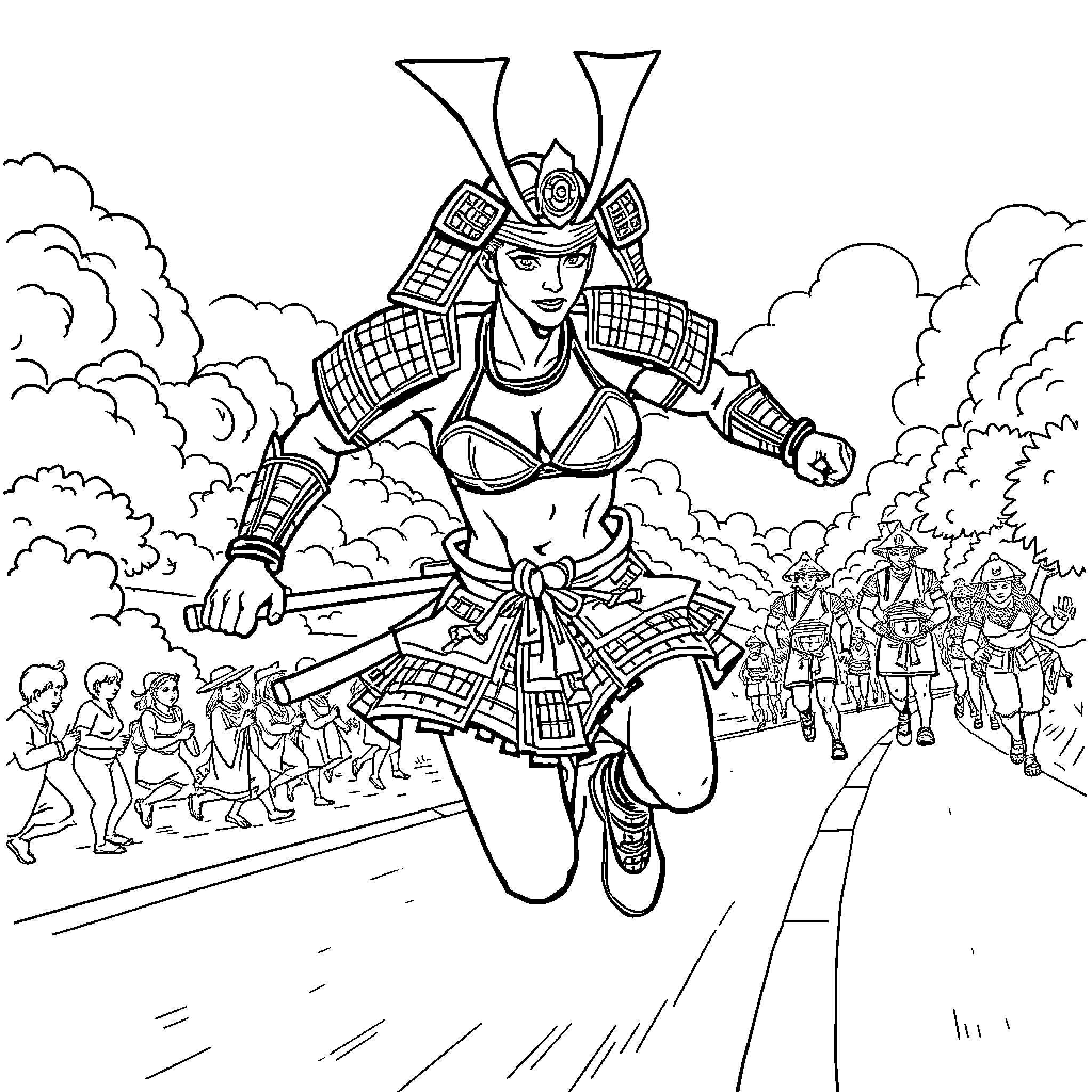 Samurai warrior leaping into action with troops Coloring Page (free black-and-white line drawing printable PDF for all, from beginners to advanced learners, including children, teens, adults, and seniors)