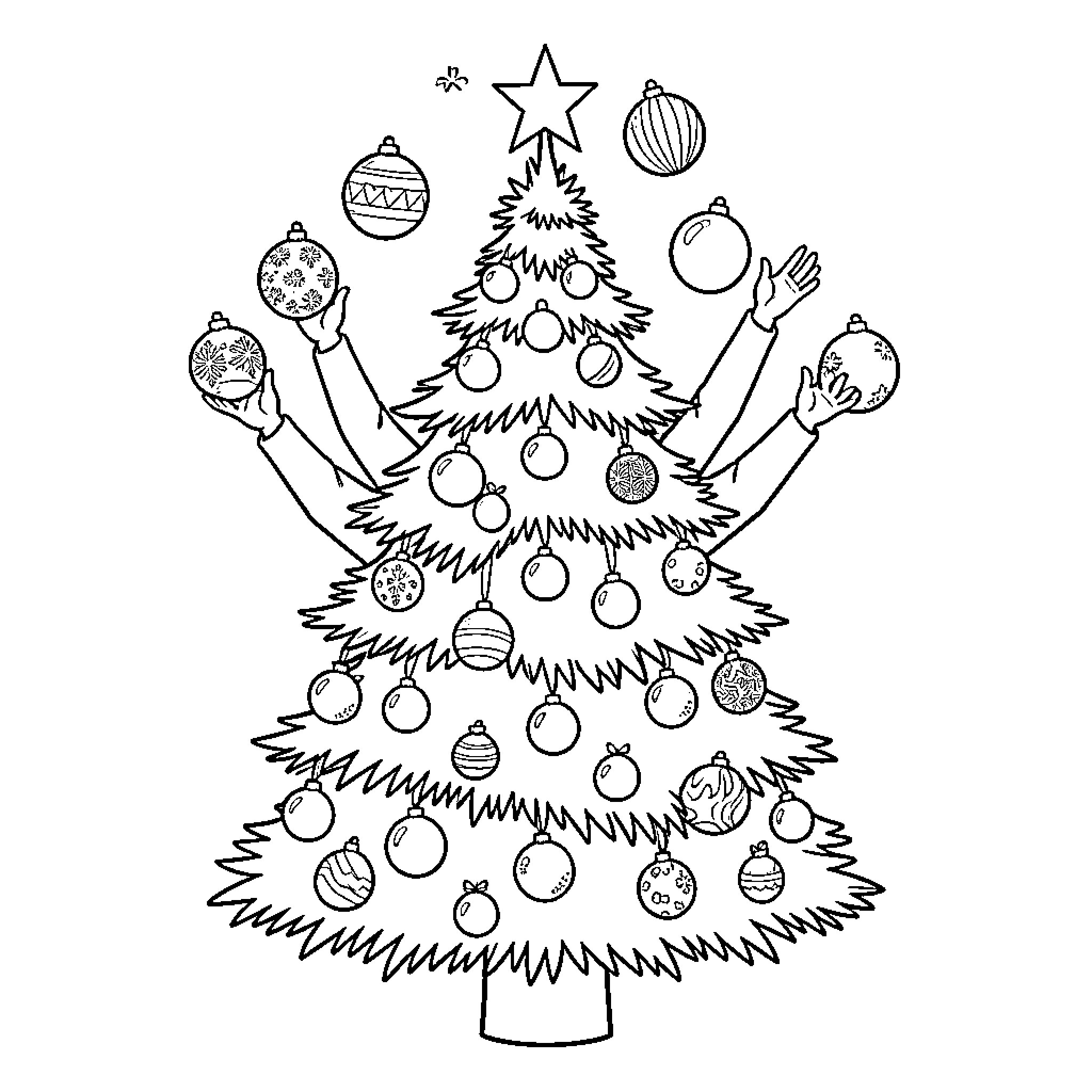 Christmas Tree being decorated by multiple hands Coloring Page (free black-and-white line drawing printable PDF for all, from beginners to advanced learners, including children, teens, adults, and seniors)