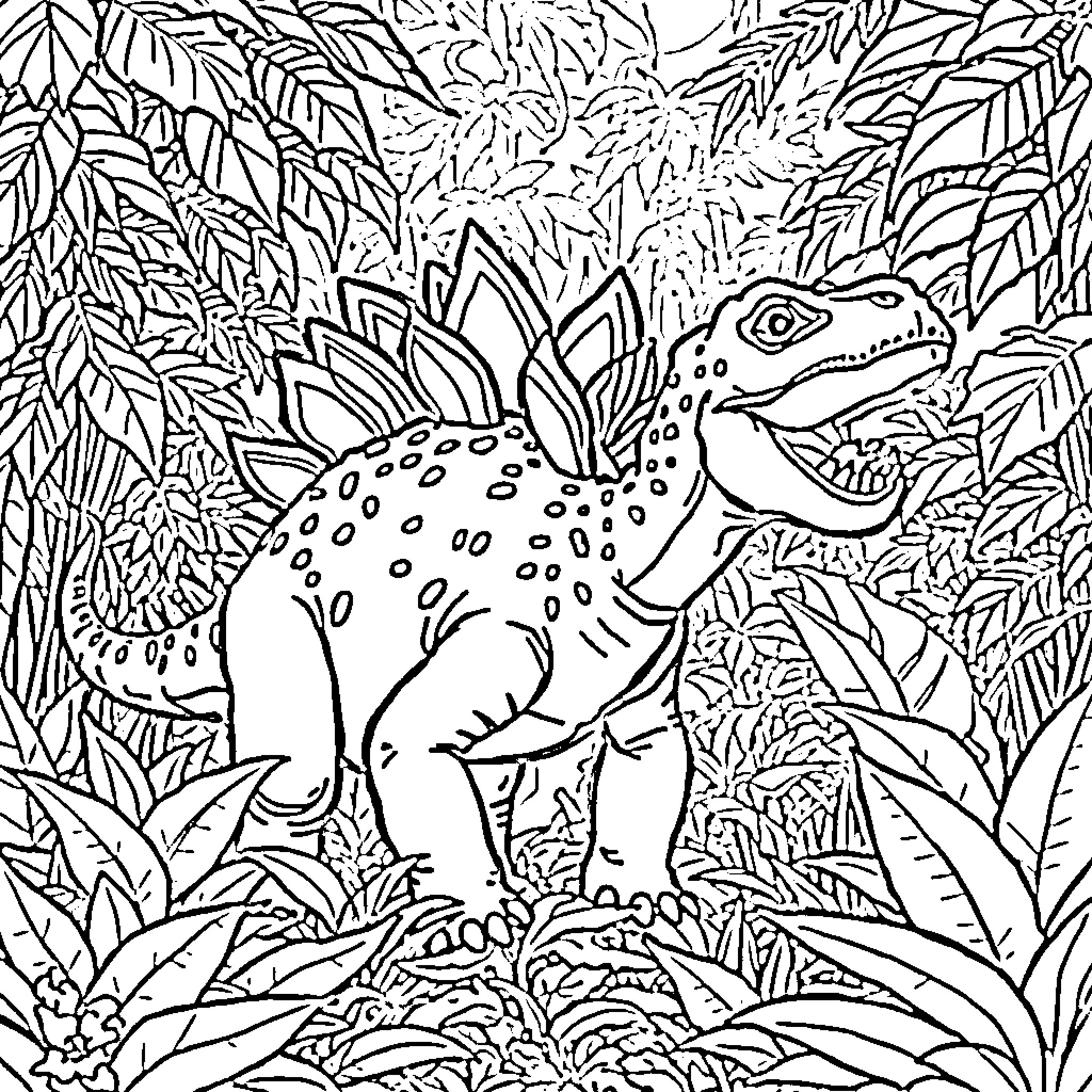 Stegosaurus exploring lush foliage Coloring Page (free black-and-white line drawing printable PDF for all, from beginners to advanced learners, including children, teens, adults, and seniors)