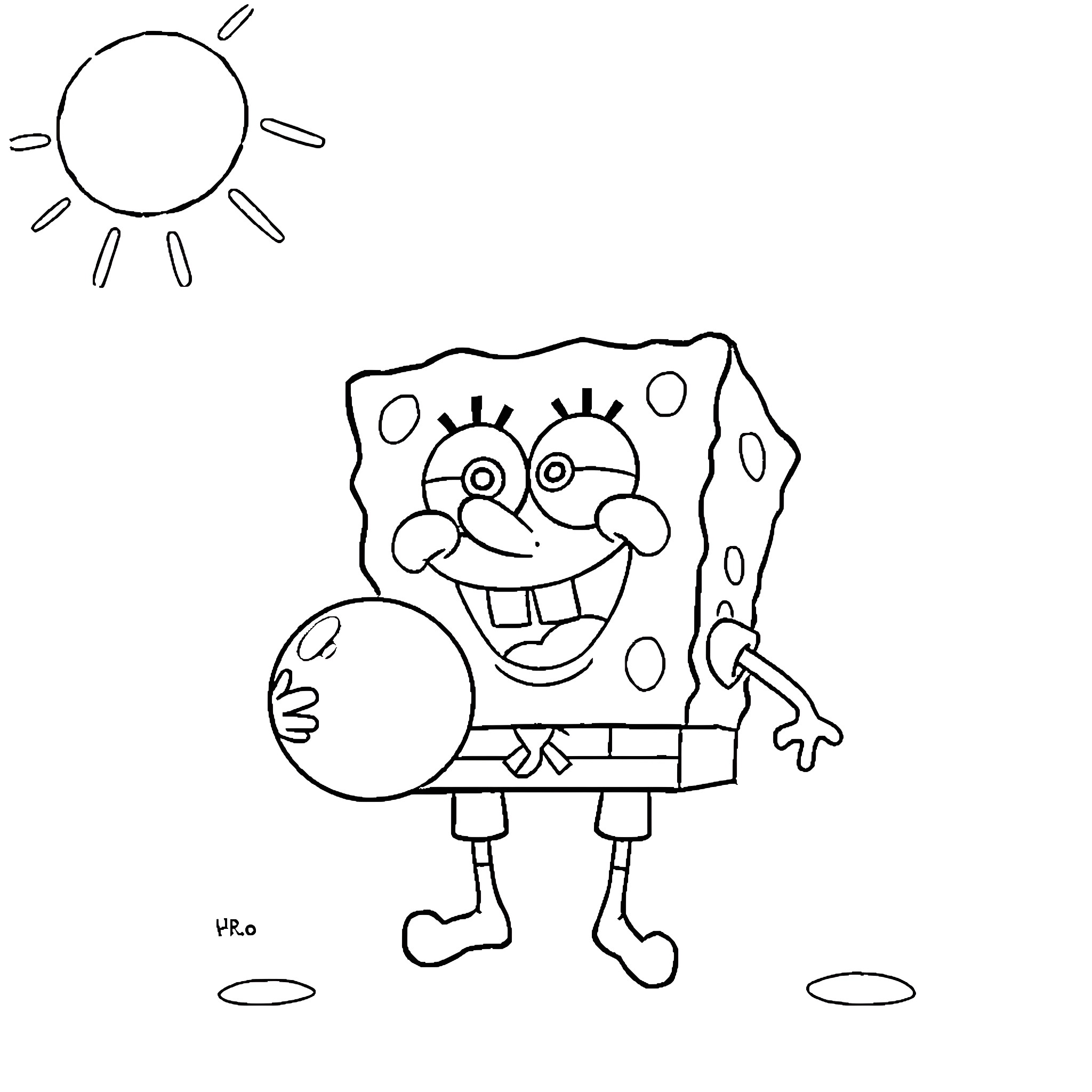 Spongebob holding a ball and smiling Coloring Page (free black-and-white line drawing printable PDF for all, from beginners to advanced learners, including children, teens, adults, and seniors)
