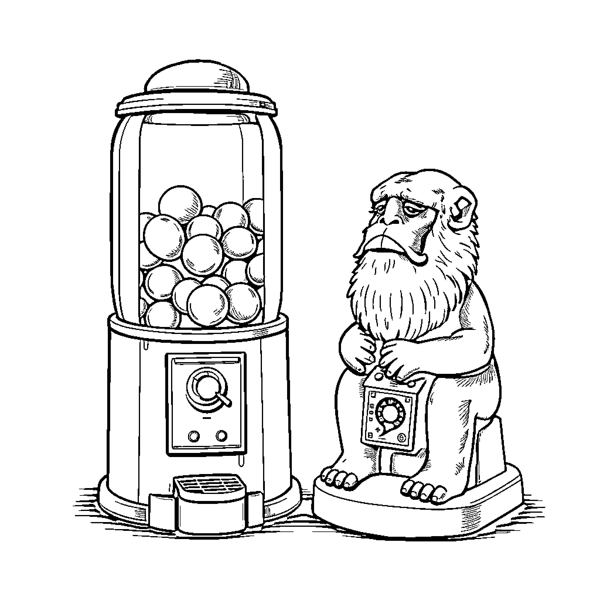 Gumball machine and curious old man Coloring Page (free black-and-white line drawing printable PDF for all, from beginners to advanced learners, including children, teens, adults, and seniors)