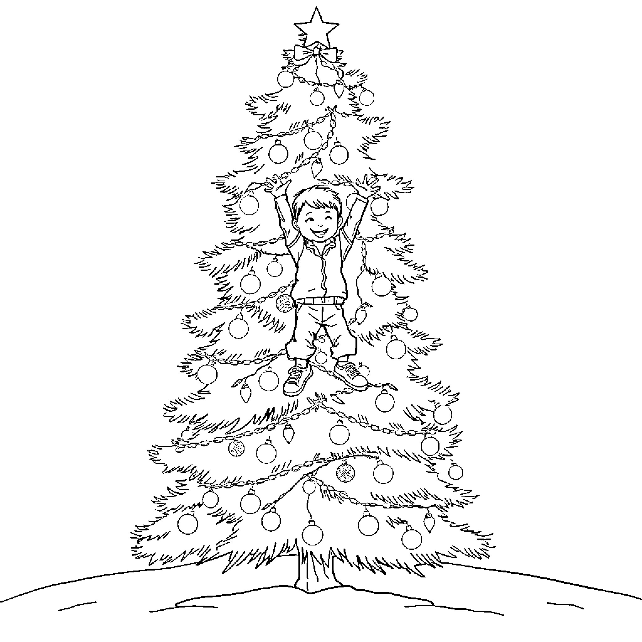 Boy Decorating Christmas Tree with Joy Coloring Page (free black-and-white line drawing printable PDF for all, from beginners to advanced learners, including children, teens, adults, and seniors)