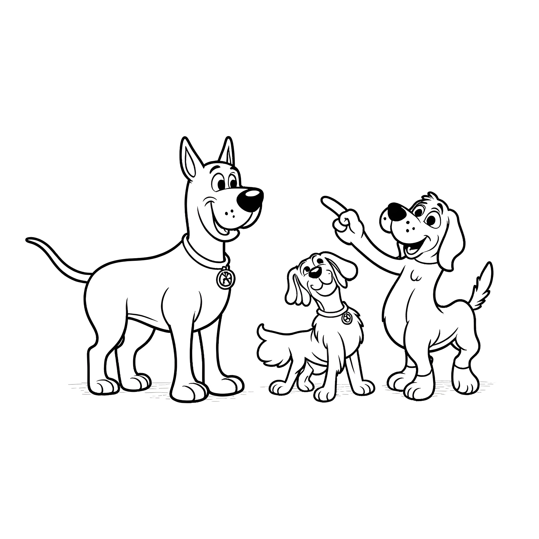 Dog family having fun together Coloring Page (free black-and-white line drawing printable PDF for all, from beginners to advanced learners, including children, teens, adults, and seniors)