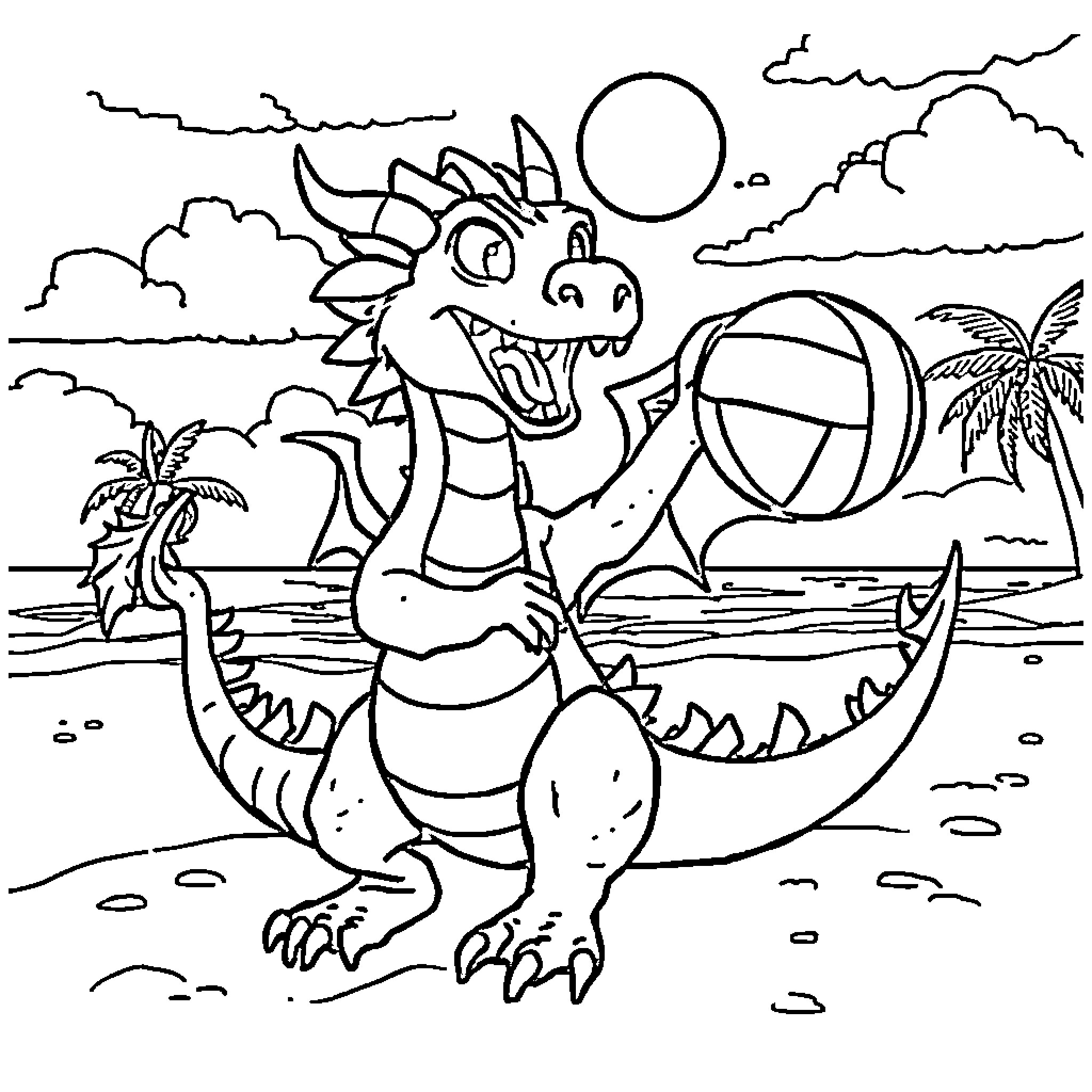 Dragon playing happily with beach ball on tropical island Coloring Page (free black-and-white line drawing printable PDF for all, from beginners to advanced learners, including children, teens, adults, and seniors)