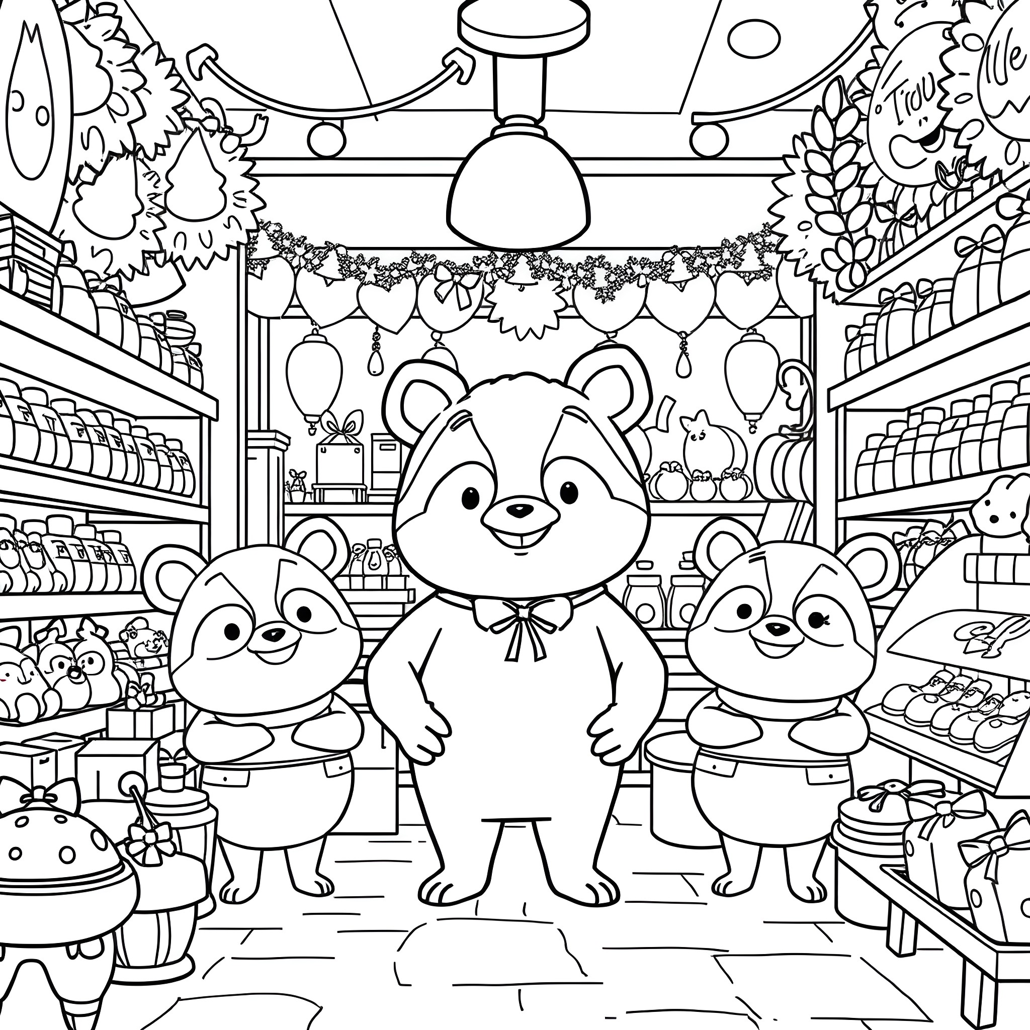Tom Nook and His Raccoon Assistants in the Store Coloring Page (free black-and-white line drawing printable PDF for all, from beginners to advanced learners, including children, teens, adults, and seniors)