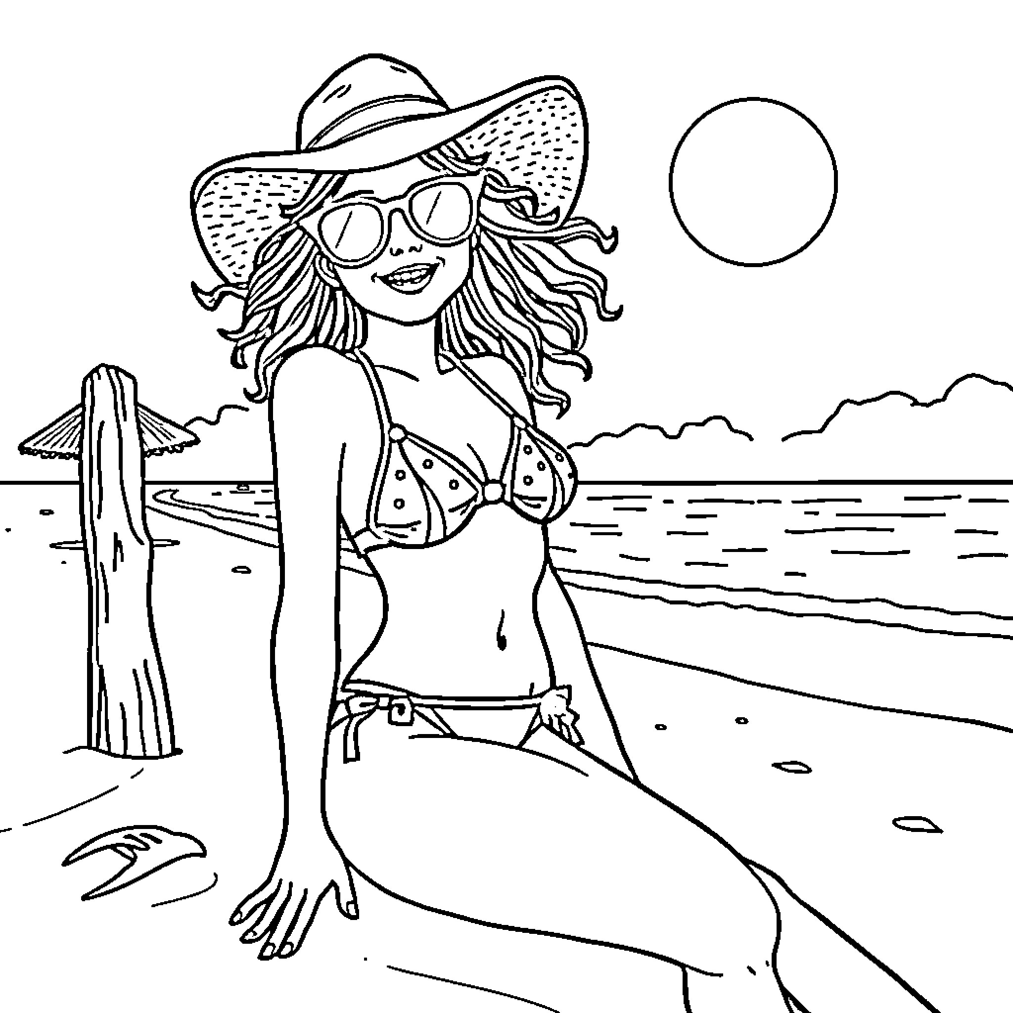Bikini Girl Enjoying the Beach Coloring Page (free black-and-white line drawing printable PDF for all, from beginners to advanced learners, including children, teens, adults, and seniors)