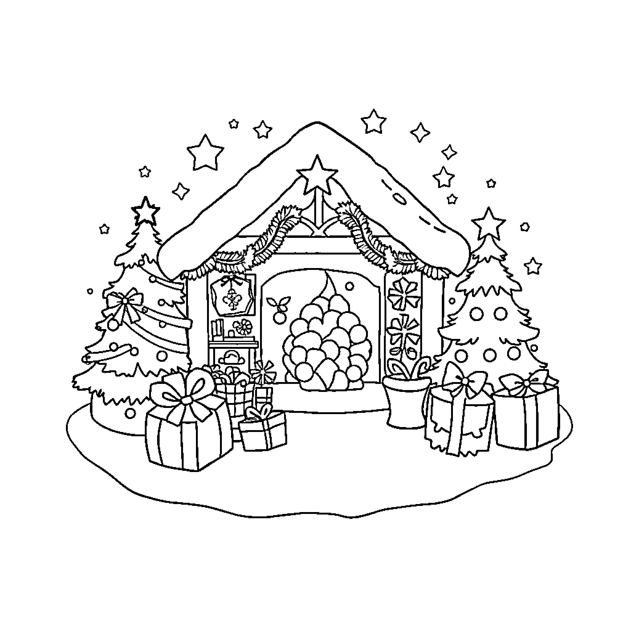 Christmas scene of a festive house with decorations Coloring Page (free black-and-white line drawing printable PDF for all, from beginners to advanced learners, including children, teens, adults, and seniors)