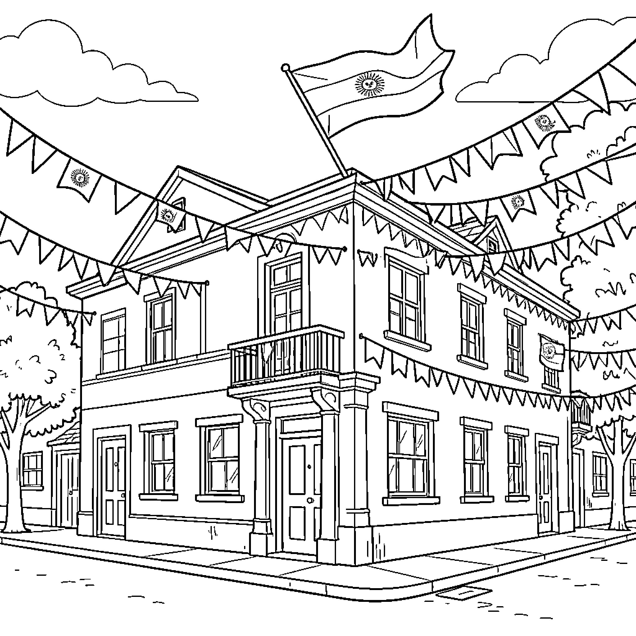 Club Celebration in Festive Neighborhood Coloring Page (free black-and-white line drawing printable PDF for all, from beginners to advanced learners, including children, teens, adults, and seniors)