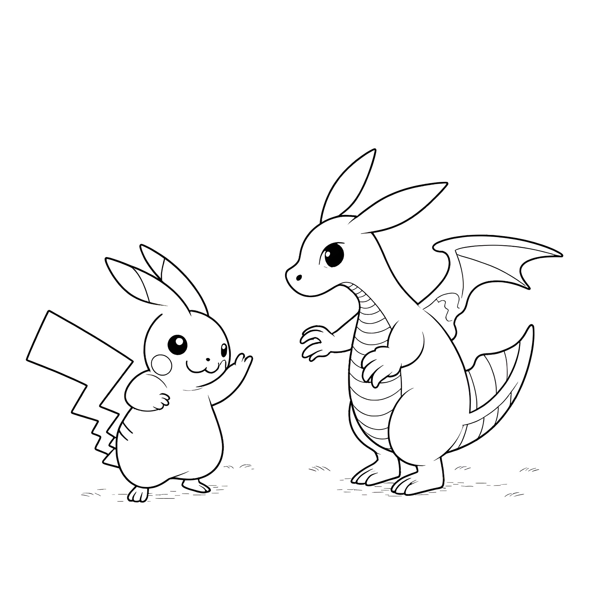 Pikachu and dragon-like creature playing in the park Coloring Page (free black-and-white line drawing printable PDF for all, from beginners to advanced learners, including children, teens, adults, and seniors)