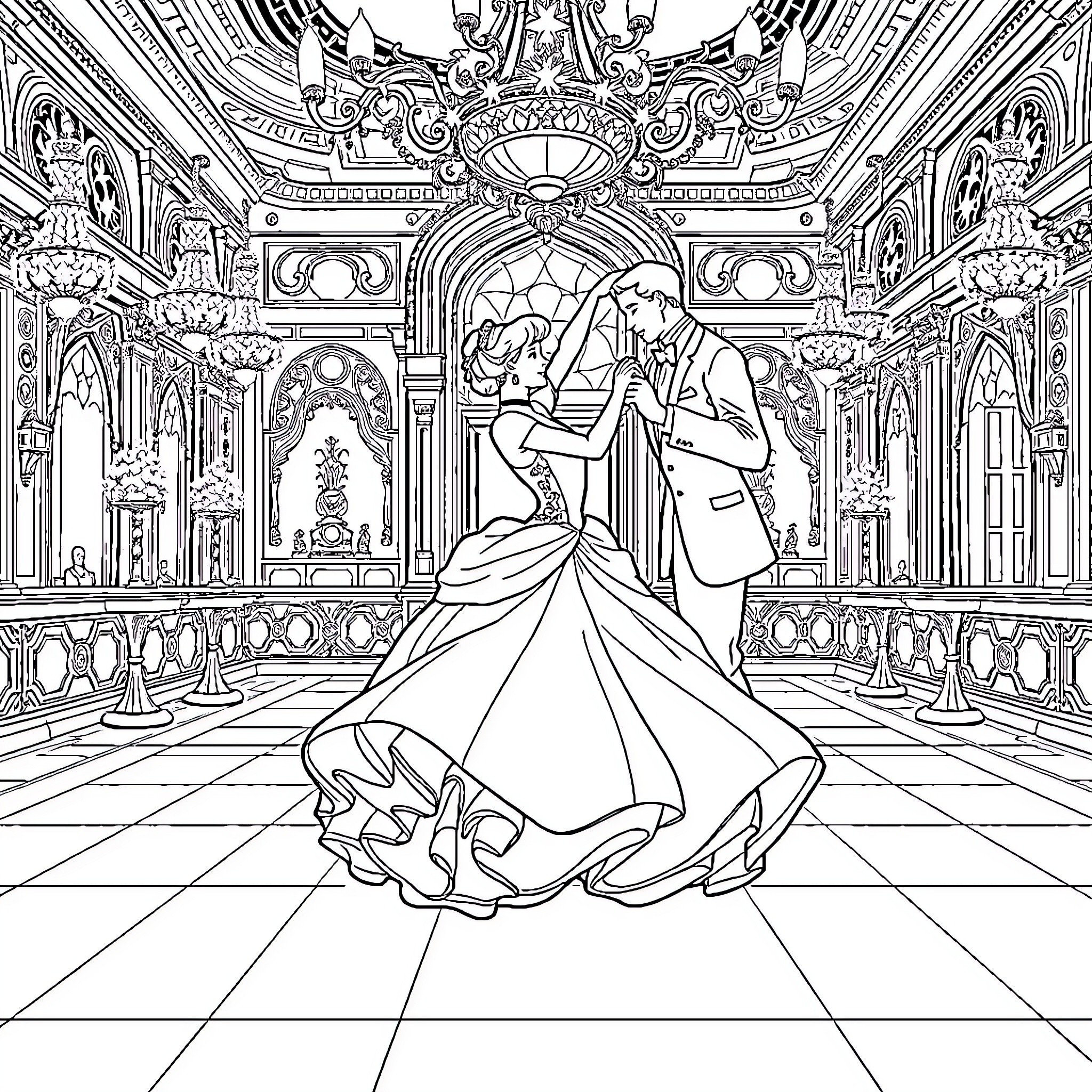 Cinderella's Magical Ball Dance in Ornate Palace Coloring Page (free black-and-white line drawing printable PDF for all, from beginners to advanced learners, including children, teens, adults, and seniors)