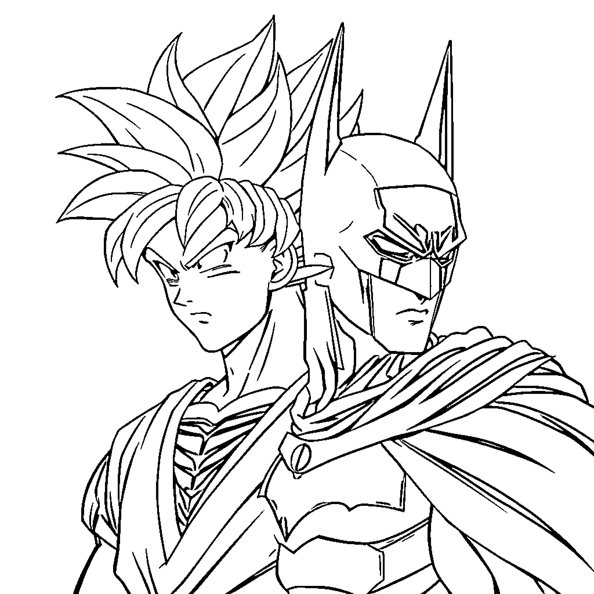 Goku Batman epic battle showdown Coloring Page (free black-and-white line drawing printable PDF for all, from beginners to advanced learners, including children, teens, adults, and seniors)