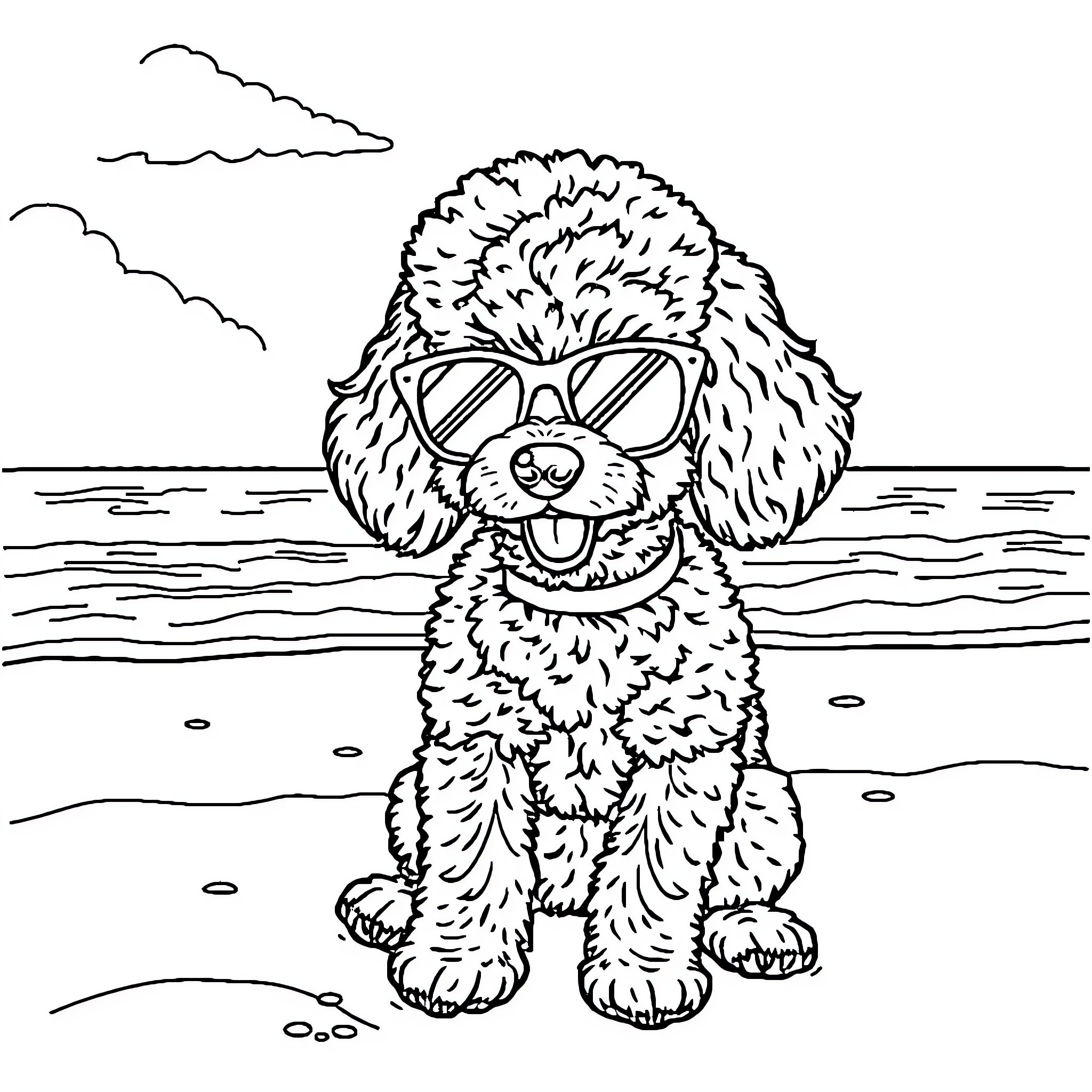 Poodle enjoying the beach in sunglasses Coloring Page (free black-and-white line drawing printable PDF for all, from beginners to advanced learners, including children, teens, adults, and seniors)