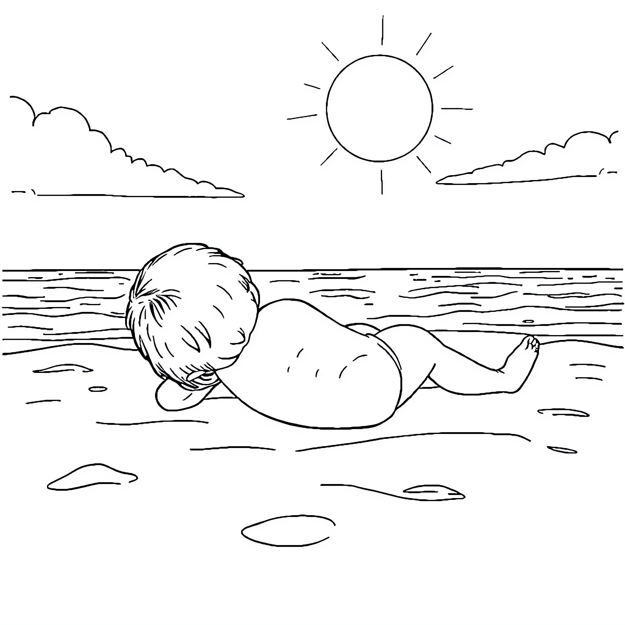 Child relaxing on the beach under the sun Coloring Page (free black-and-white line drawing printable PDF for all, from beginners to advanced learners, including children, teens, adults, and seniors)