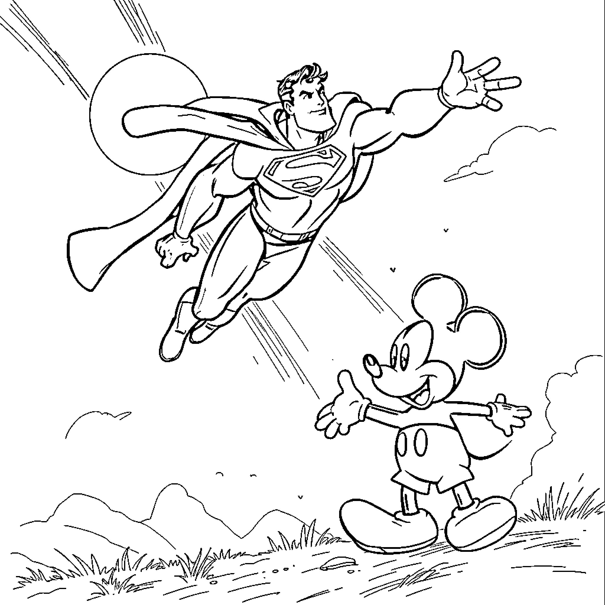 Superman soaring through the sky above cartoon character Coloring Page (free black-and-white line drawing printable PDF for all, from beginners to advanced learners, including children, teens, adults, and seniors)