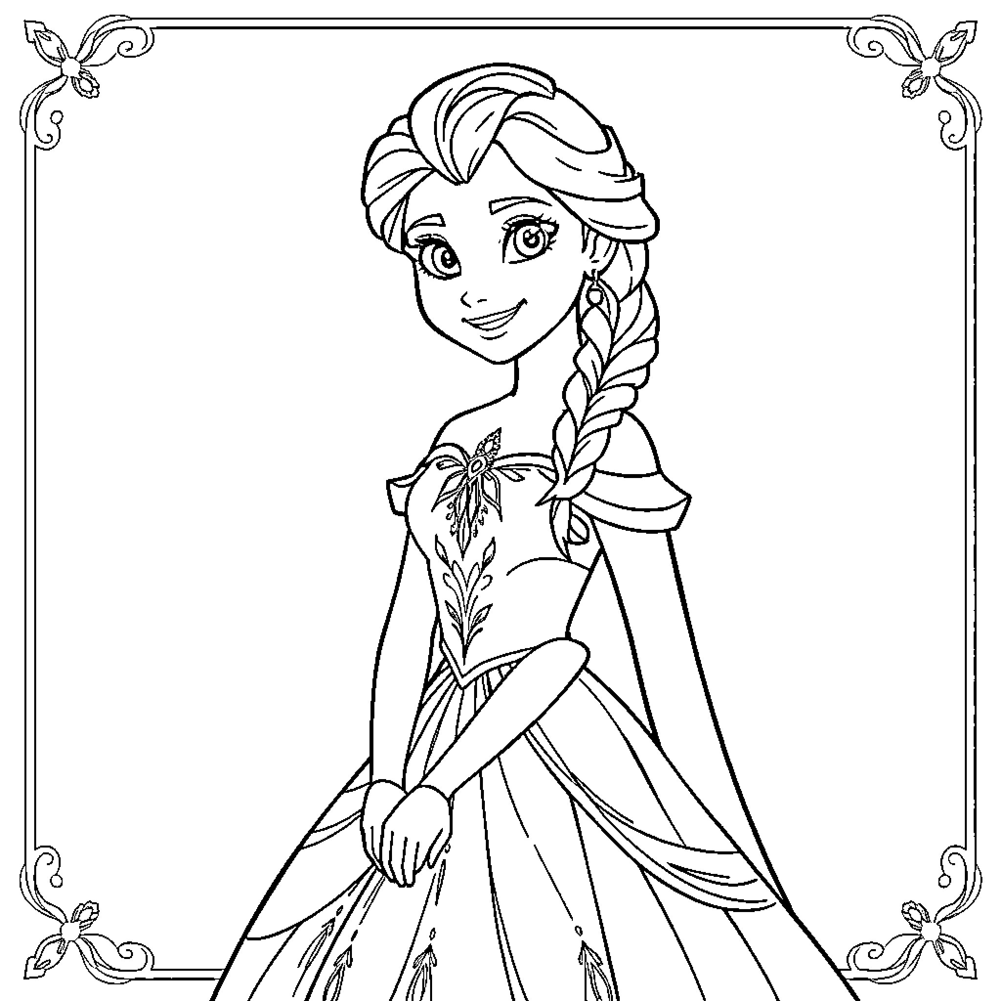Princess Anna in her iconic dress Coloring Page (free black-and-white line drawing printable PDF for all, from beginners to advanced learners, including children, teens, adults, and seniors)