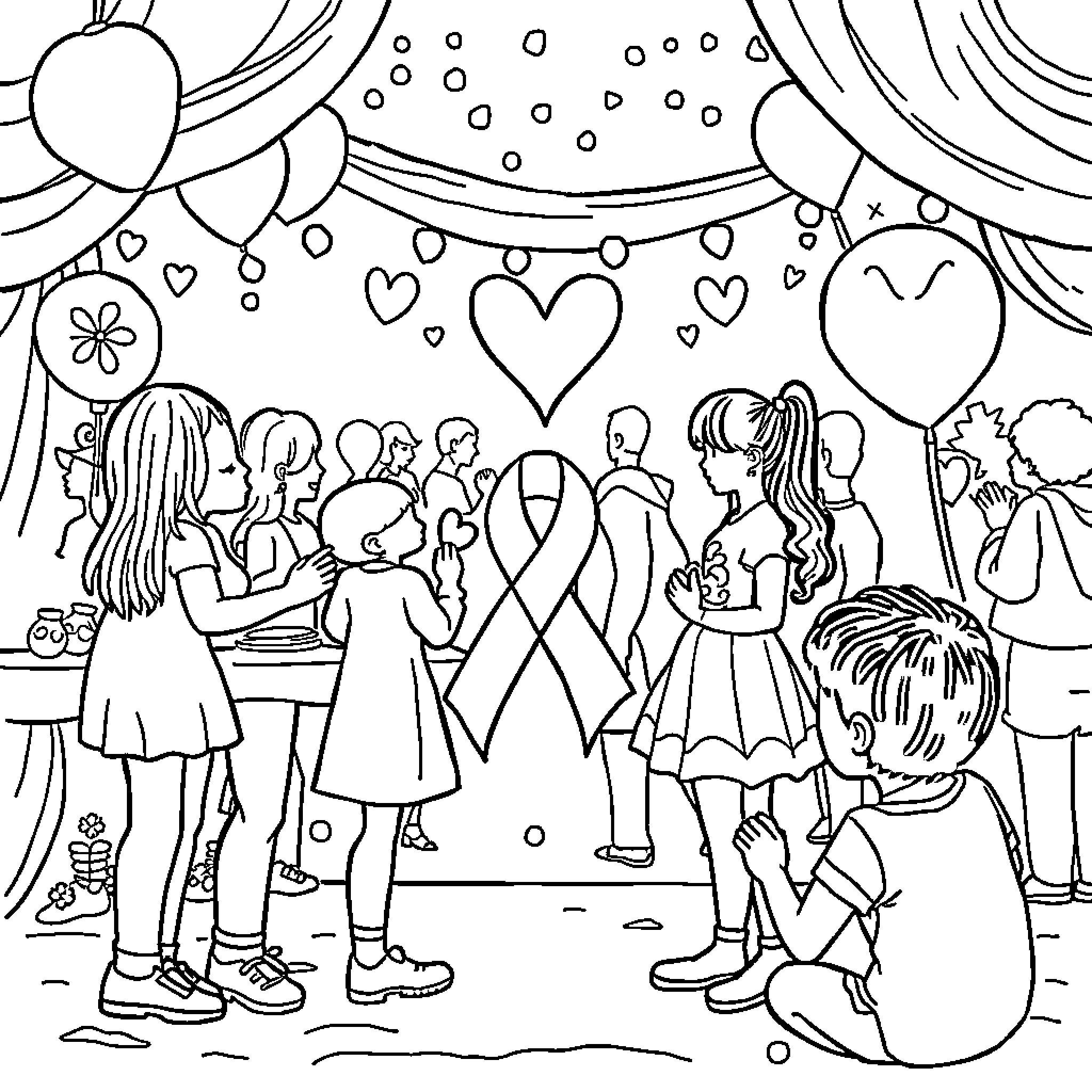 Breast Cancer Awareness Community Gathering Coloring Page (free black-and-white line drawing printable PDF for all, from beginners to advanced learners, including children, teens, adults, and seniors)