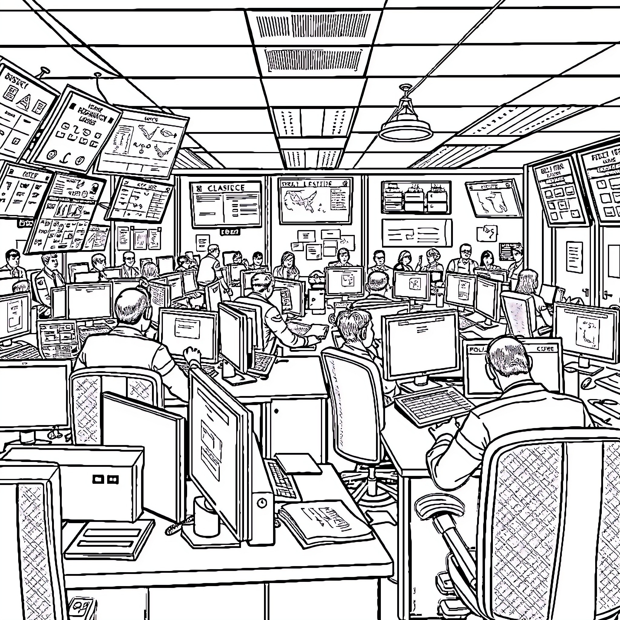 Dispatch Center Bustling with Computer Workstations and Personnel Coloring Page (free black-and-white line drawing printable PDF for all, from beginners to advanced learners, including children, teens, adults, and seniors)