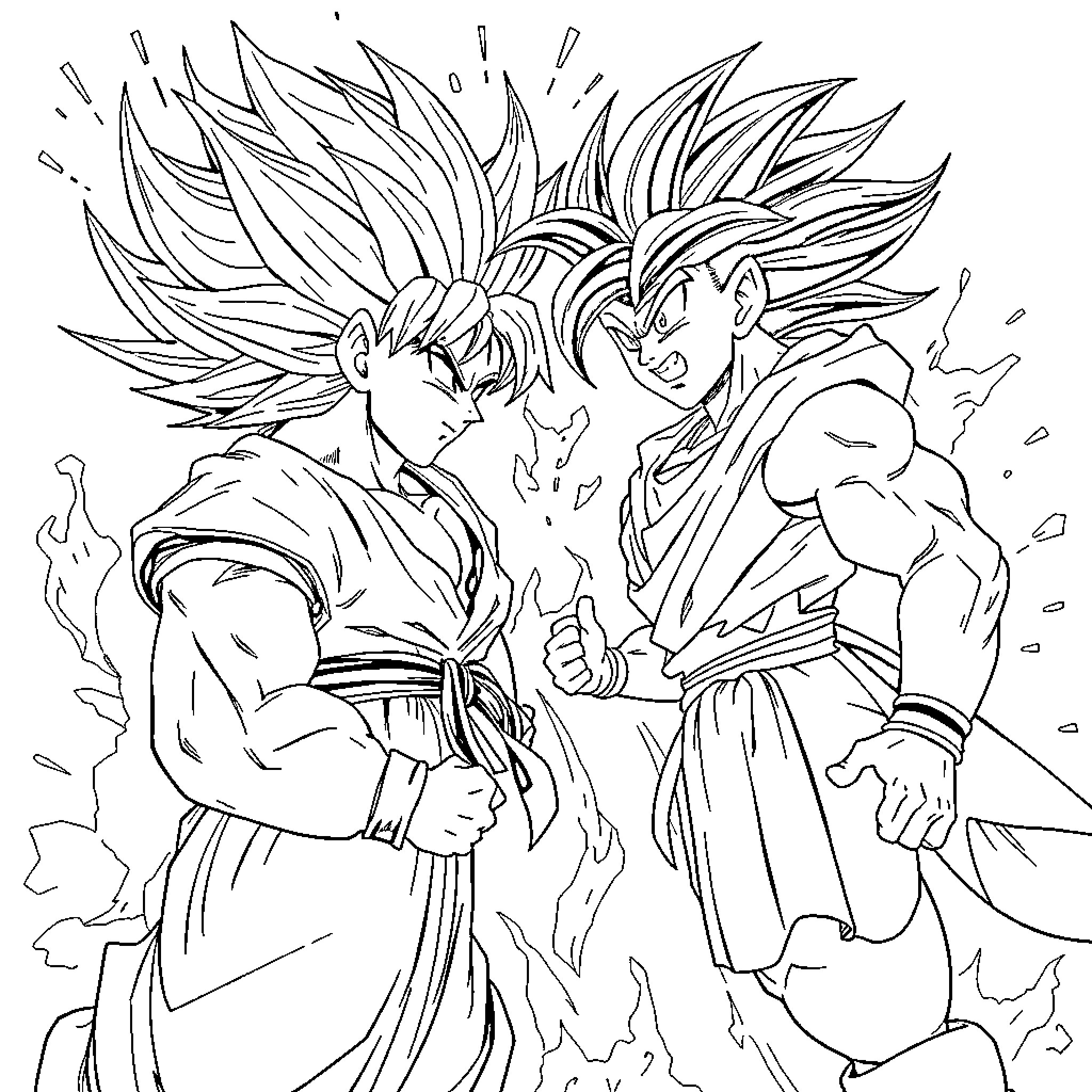 Goku and Vegeta in an epic battle Coloring Page (free black-and-white line drawing printable PDF for all, from beginners to advanced learners, including children, teens, adults, and seniors)