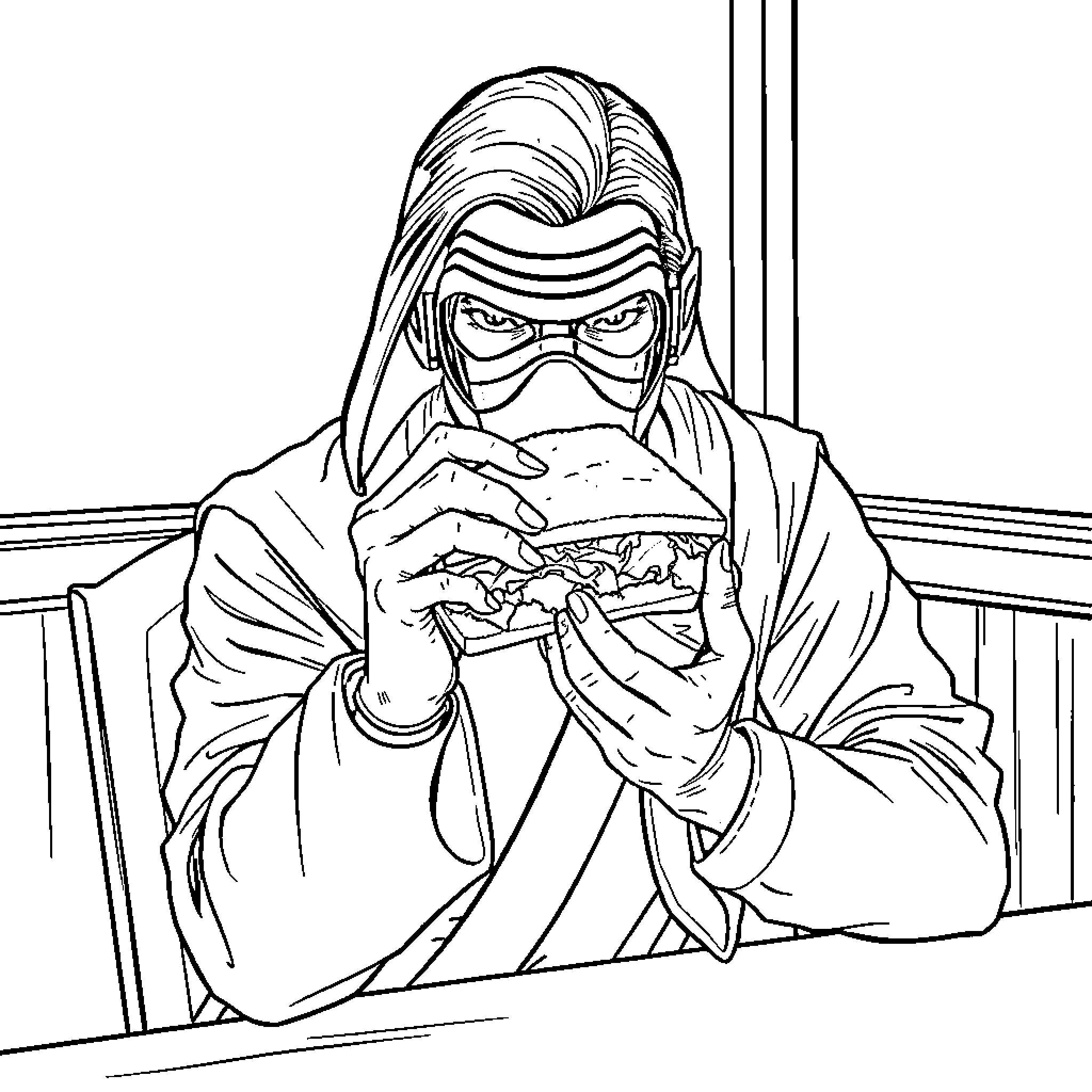 Kylo Ren intently examining an object in his hands Coloring Page (free black-and-white line drawing printable PDF for all, from beginners to advanced learners, including children, teens, adults, and seniors)