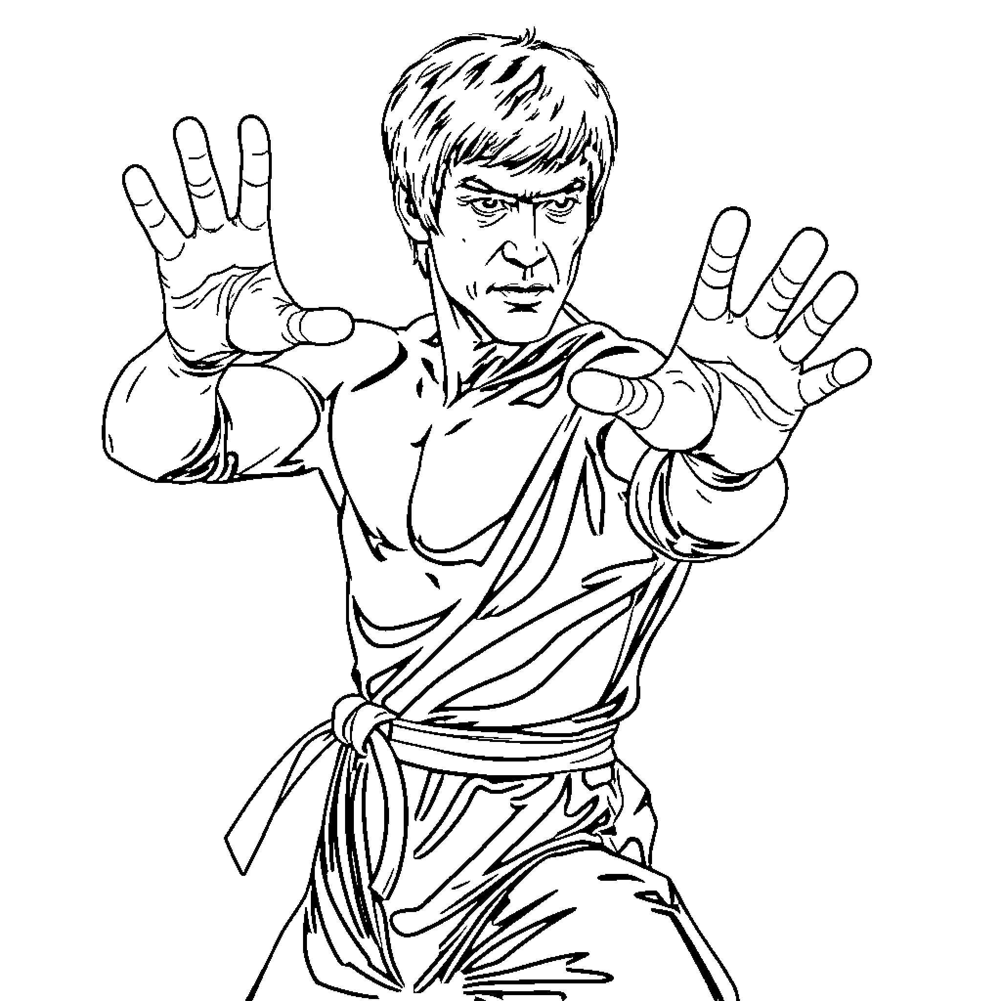 Bruce Lee in fighting stance with focused expression Coloring Page (free black-and-white line drawing printable PDF for all, from beginners to advanced learners, including children, teens, adults, and seniors)