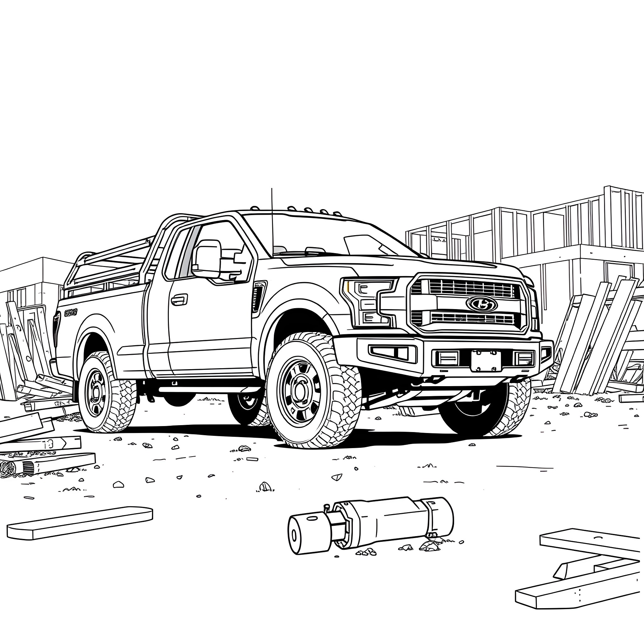 Truck in a construction site with tools Coloring Page (free black-and-white line drawing printable PDF for all, from beginners to advanced learners, including children, teens, adults, and seniors)