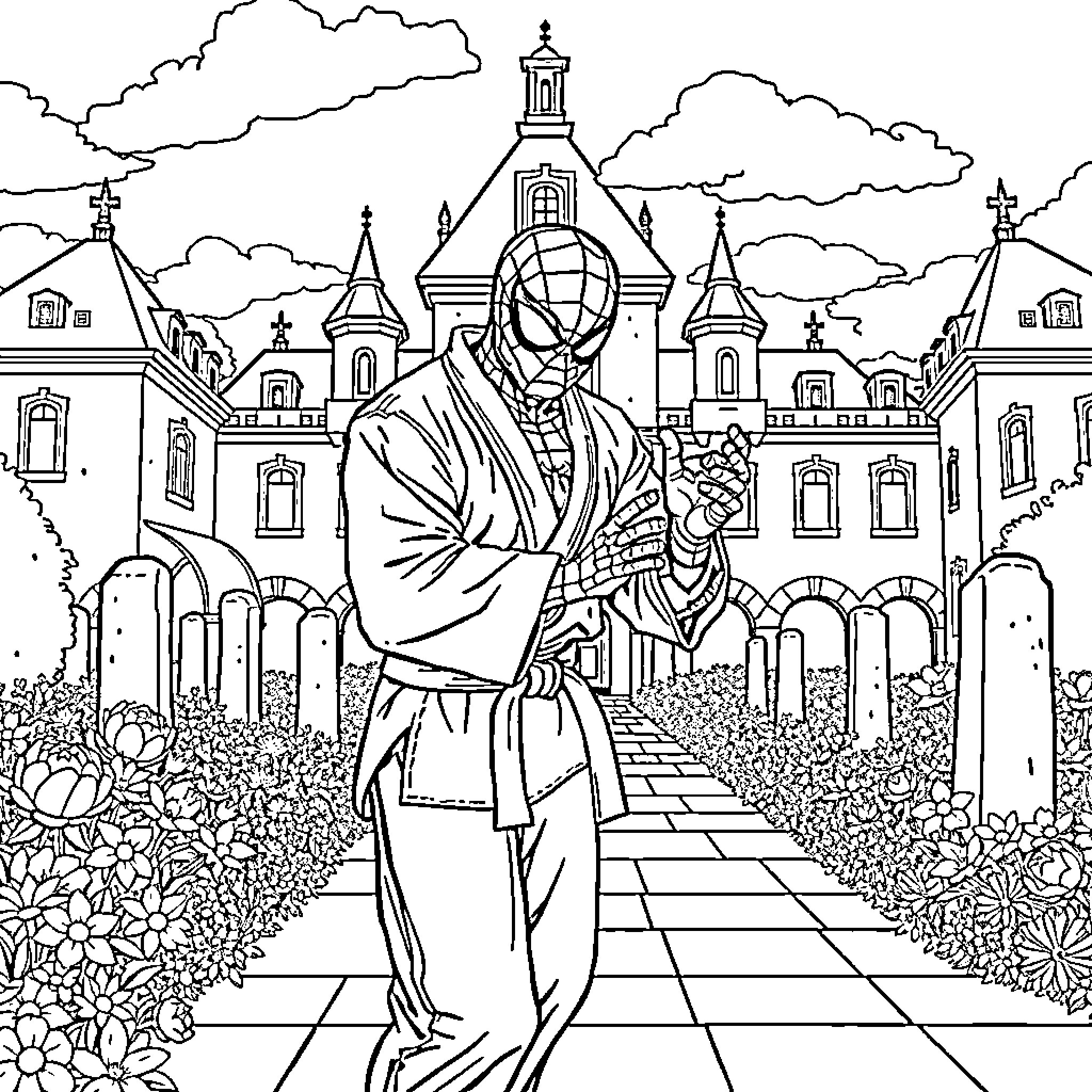 Spiderman in a Historic City with Intricate Architecture Coloring Page (free black-and-white line drawing printable PDF for all, from beginners to advanced learners, including children, teens, adults, and seniors)