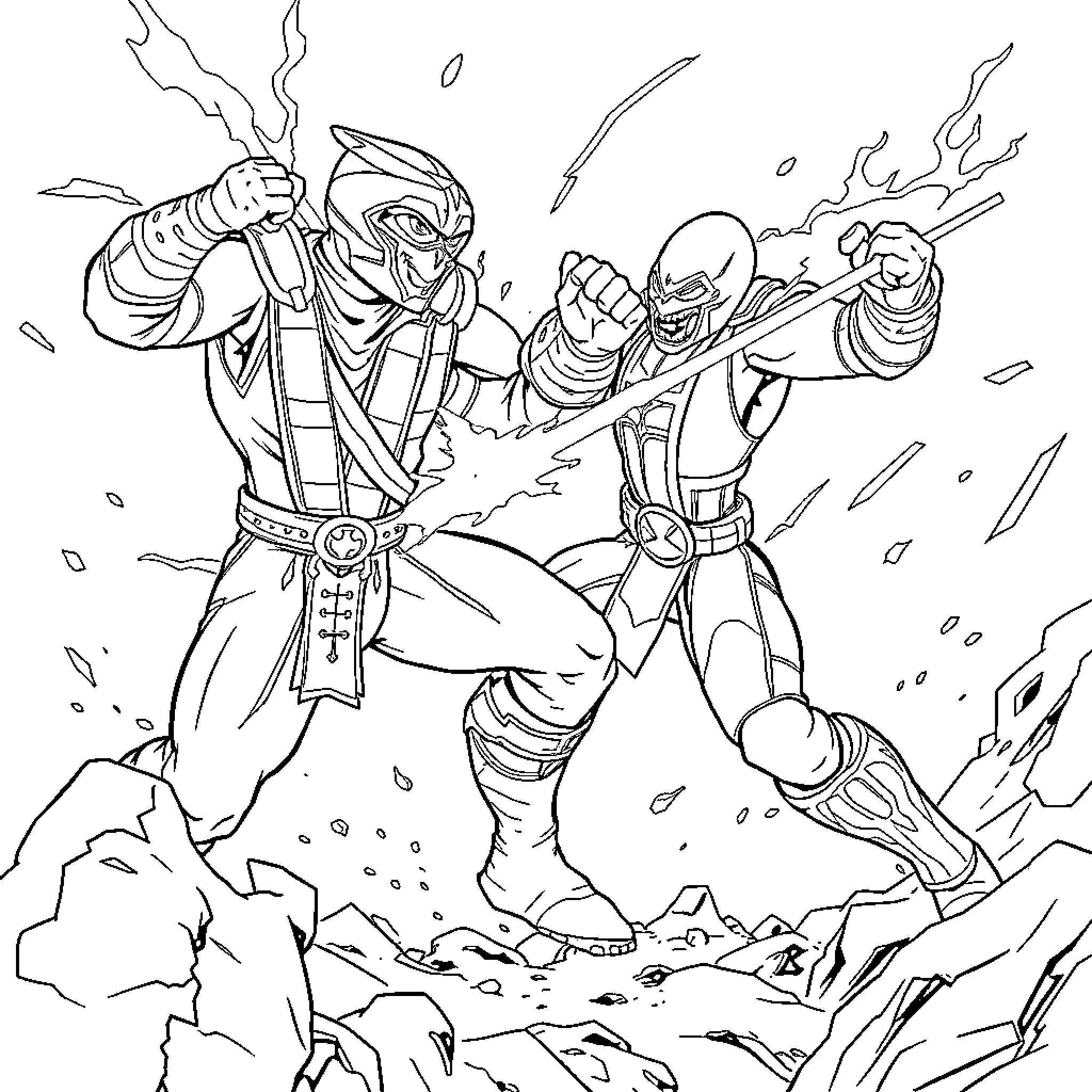 Subzero Combatants Clash in Intense Battle Coloring Page (free black-and-white line drawing printable PDF for all, from beginners to advanced learners, including children, teens, adults, and seniors)