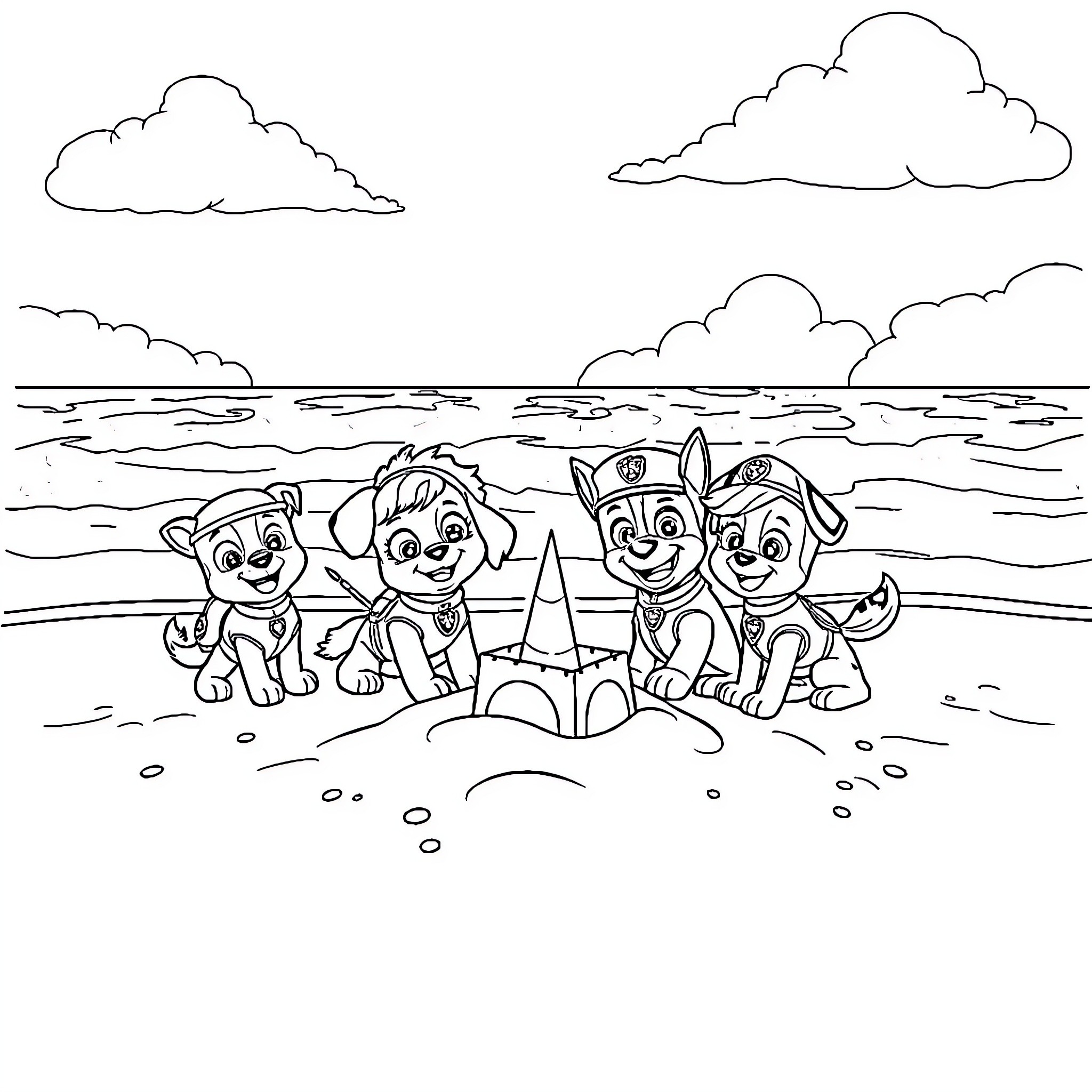 Paw Patrol pups playing on the beach Coloring Page (free black-and-white line drawing printable PDF for all, from beginners to advanced learners, including children, teens, adults, and seniors)