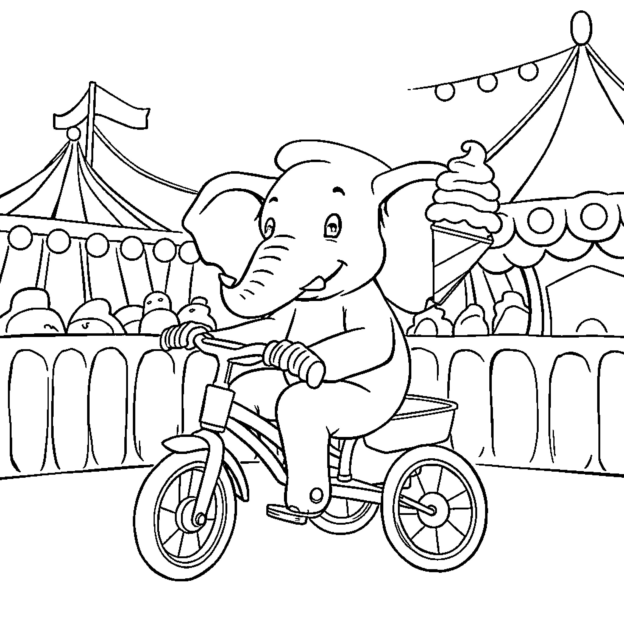 Elephant riding a bicycle at the carnival Coloring Page (free black-and-white line drawing printable PDF for all, from beginners to advanced learners, including children, teens, adults, and seniors)