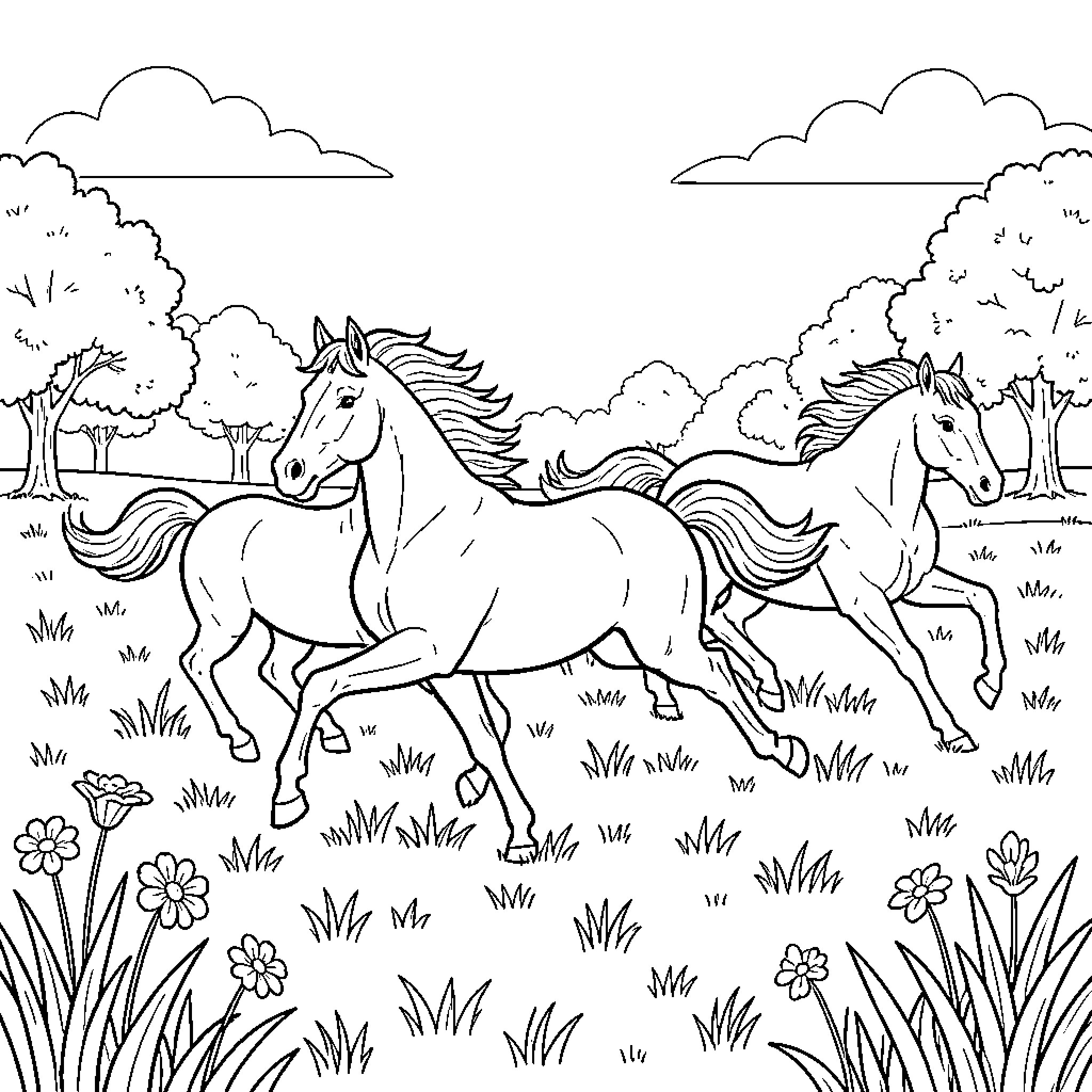 Horses galloping through a scenic landscape Coloring Page (free black-and-white line drawing printable PDF for all, from beginners to advanced learners, including children, teens, adults, and seniors)