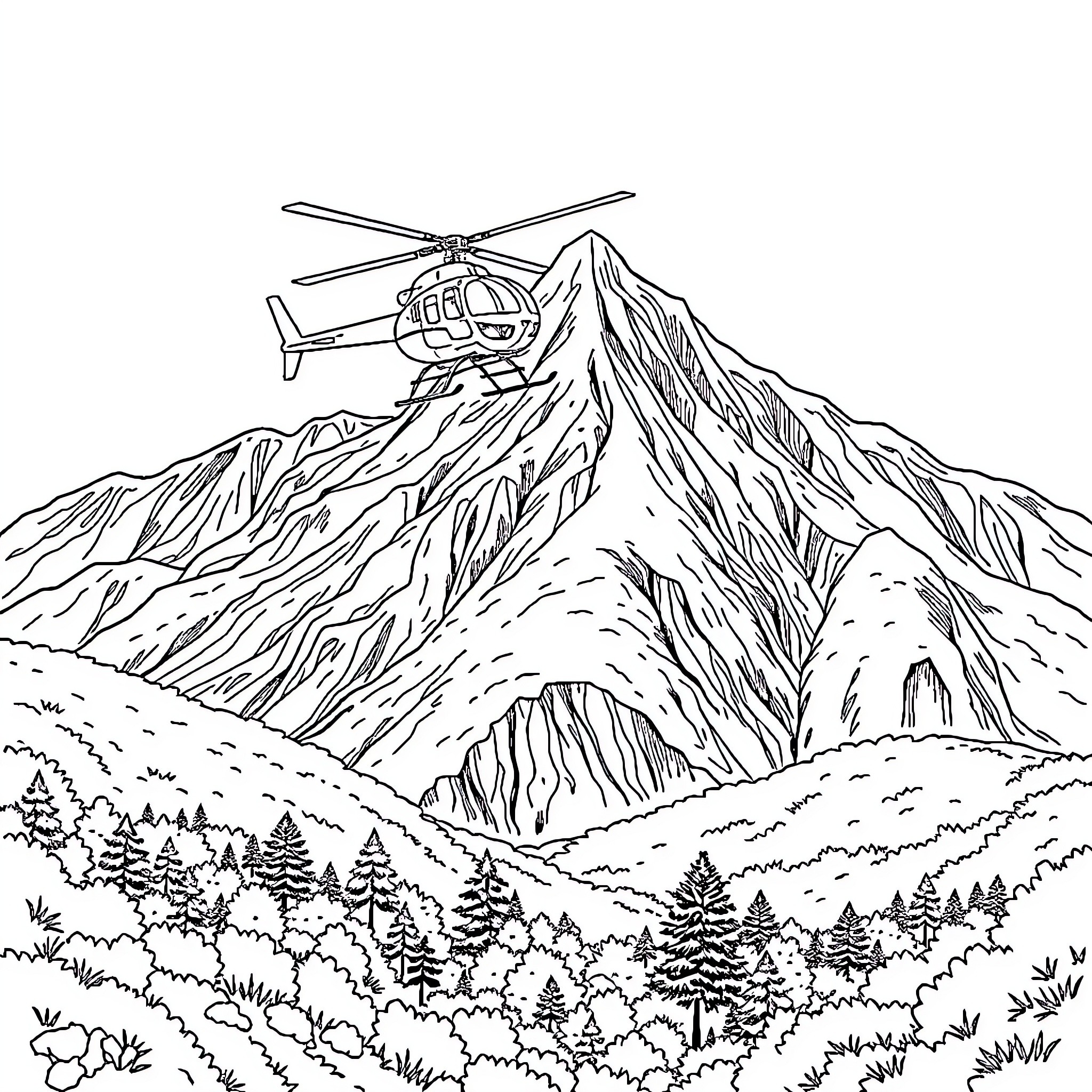 Helicopter soaring above majestic mountain landscape Coloring Page (free black-and-white line drawing printable PDF for all, from beginners to advanced learners, including children, teens, adults, and seniors)