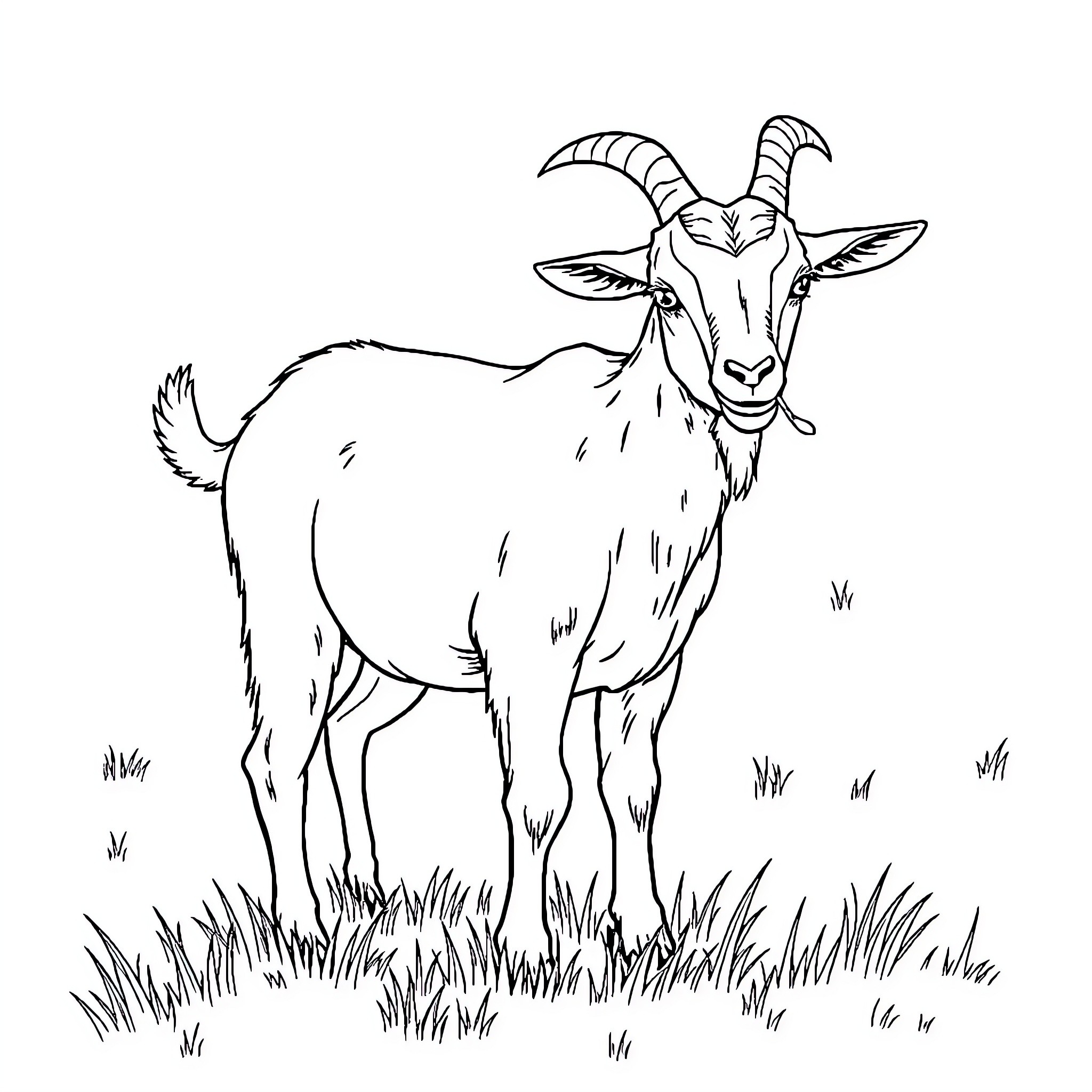 Goat standing in tall grass Coloring Page (free black-and-white line drawing printable PDF for all, from beginners to advanced learners, including children, teens, adults, and seniors)