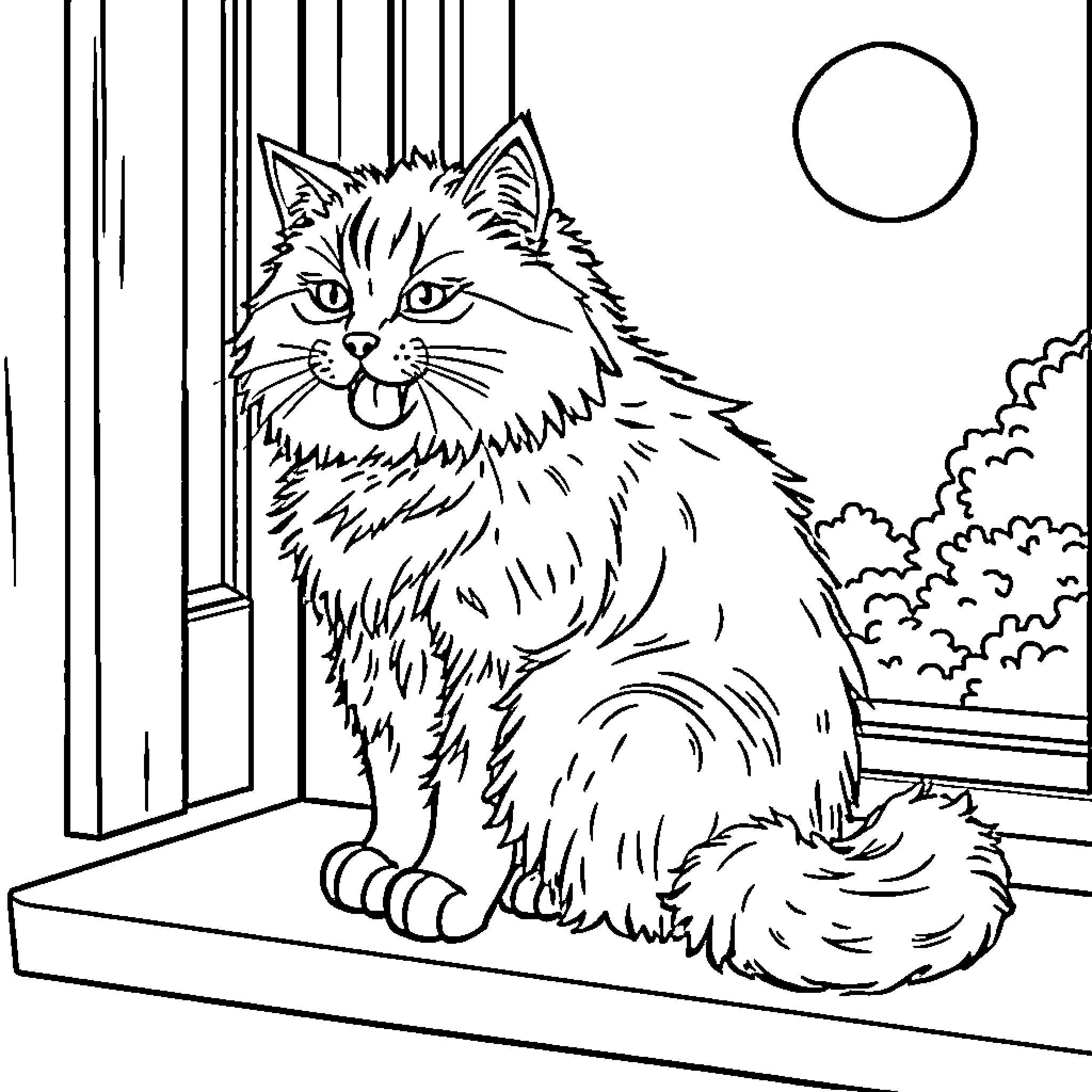 Cat gazing through window on moonlit night Coloring Page (free black-and-white line drawing printable PDF for all, from beginners to advanced learners, including children, teens, adults, and seniors)