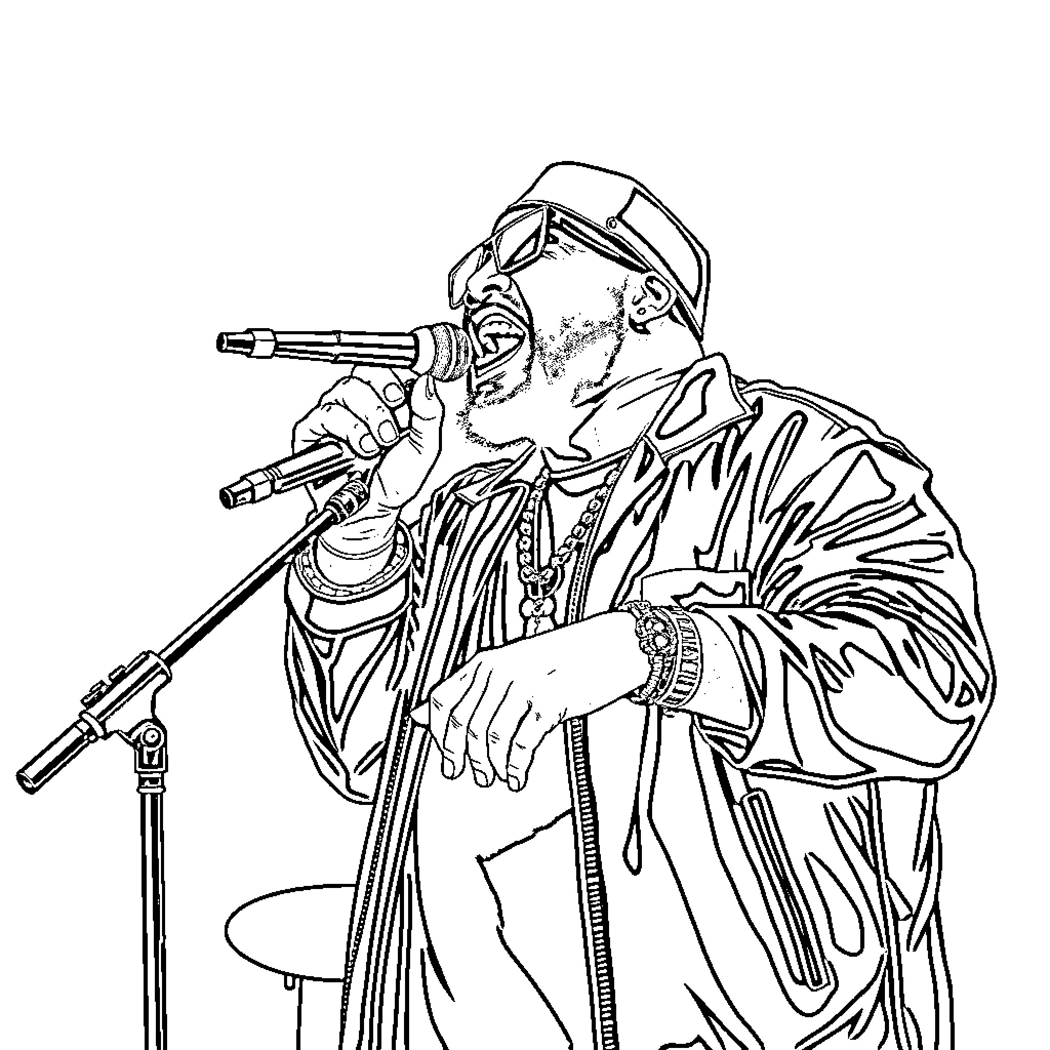 Method Man Performing on Stage with Microphones Coloring Page (free black-and-white line drawing printable PDF for all, from beginners to advanced learners, including children, teens, adults, and seniors)