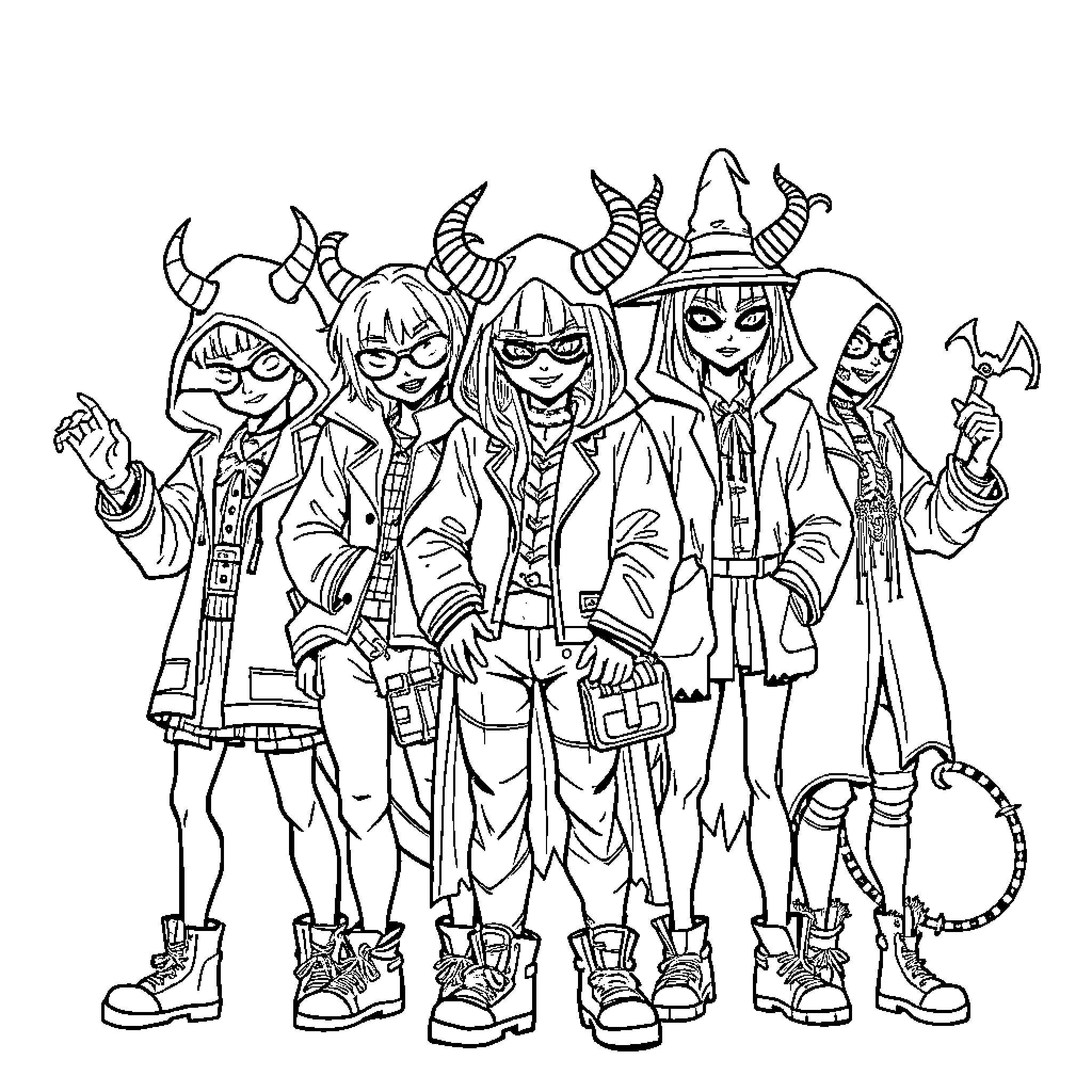 Demon Hunters in Unconventional Outfits and Accessories Coloring Page (free black-and-white line drawing printable PDF for all, from beginners to advanced learners, including children, teens, adults, and seniors)