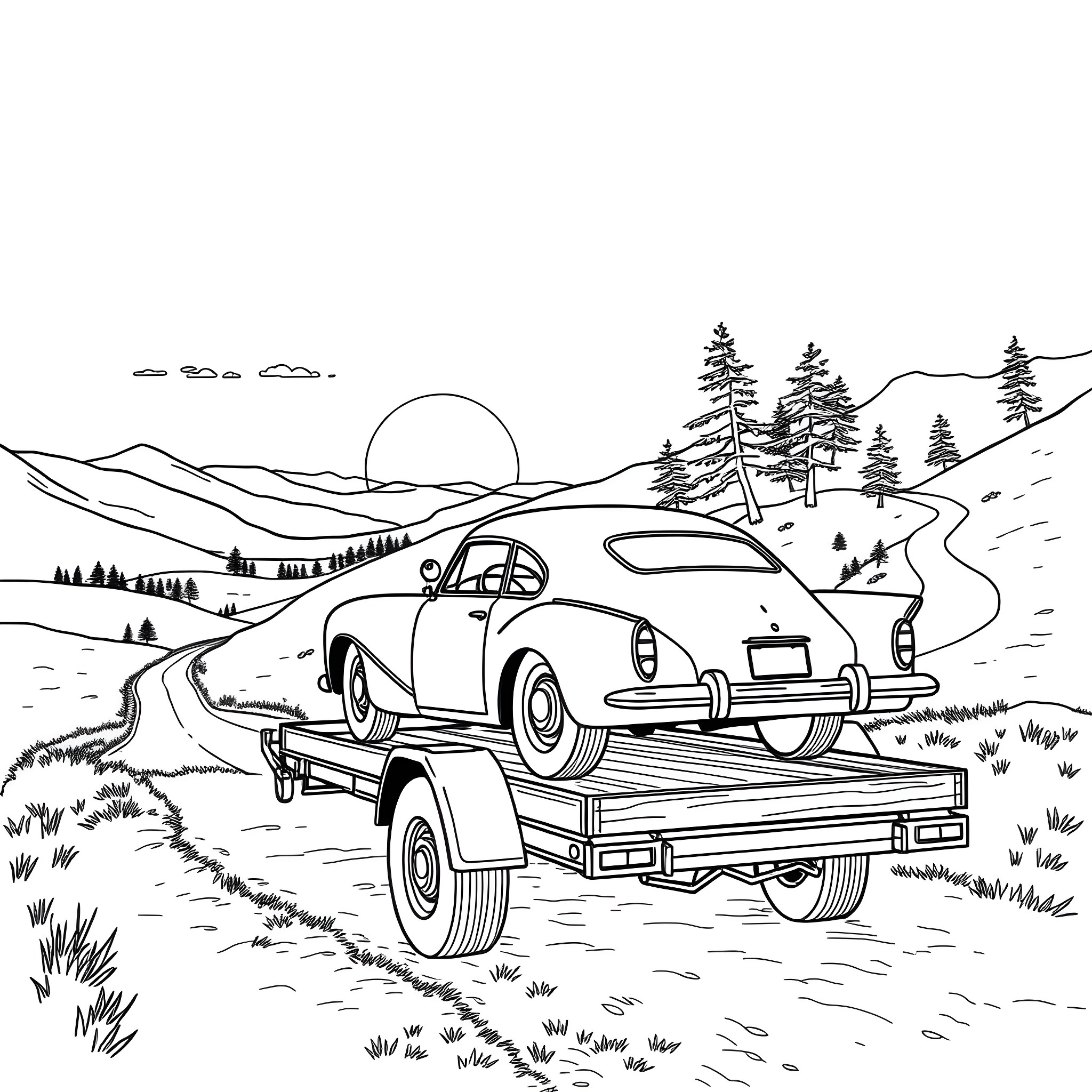 Car driving on a winding mountain road Coloring Page (free black-and-white line drawing printable PDF for all, from beginners to advanced learners, including children, teens, adults, and seniors)