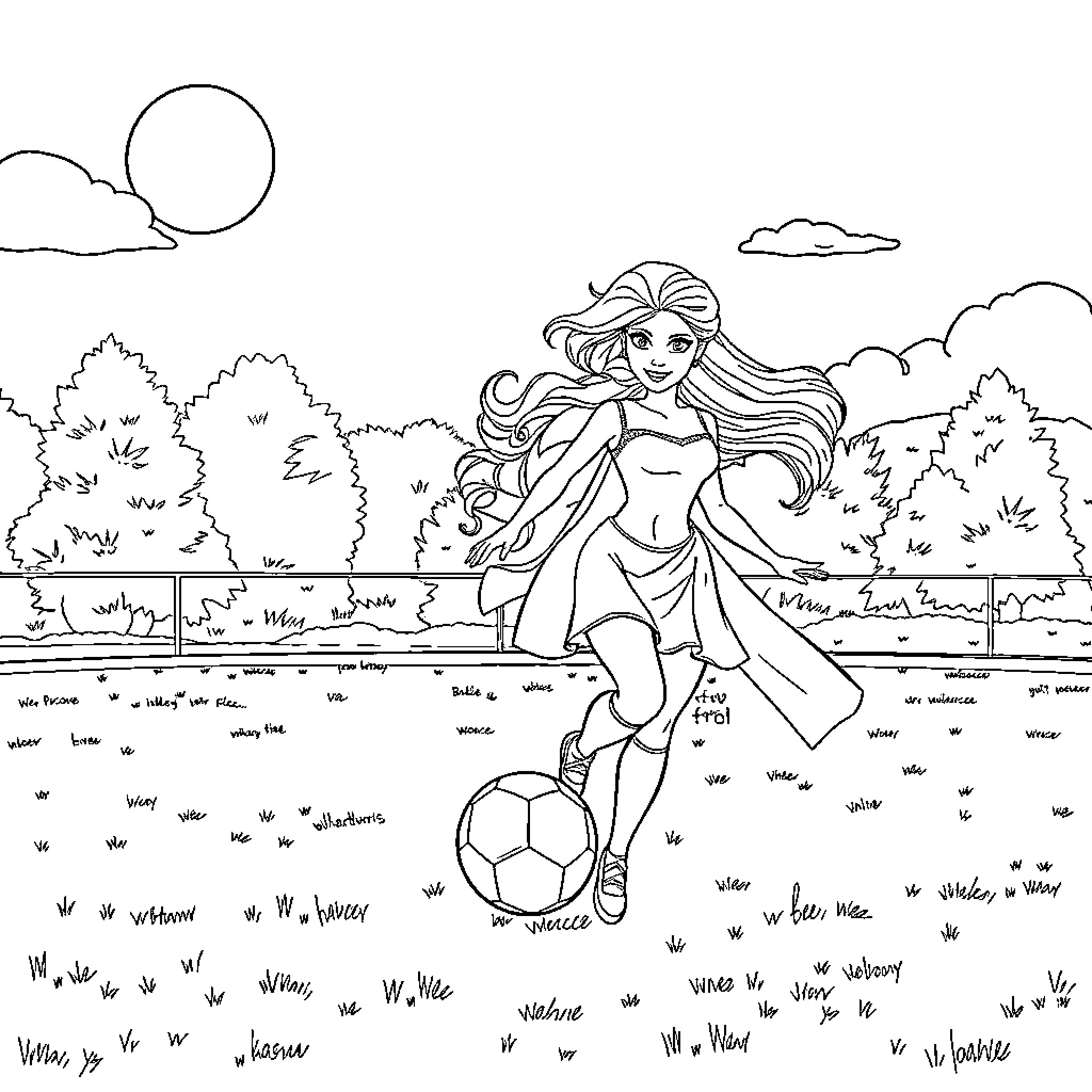 Elsa playing joyfully with a soccer ball in the meadow Coloring Page (free black-and-white line drawing printable PDF for all, from beginners to advanced learners, including children, teens, adults, and seniors)