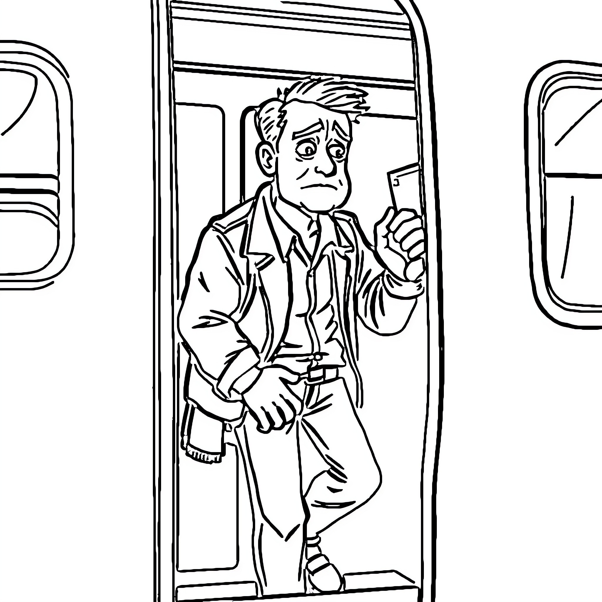 Man standing in train doorway with troubled expression Coloring Page (free black-and-white line drawing printable PDF for all, from beginners to advanced learners, including children, teens, adults, and seniors)